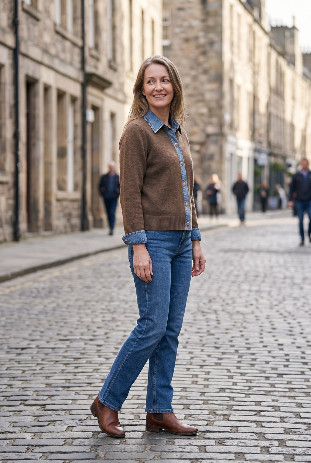 Women's Denim-Look Cardigan in Brown, lifestyle