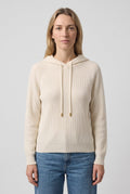 Women's Relaxed Ribbed Hoodie, Drawstring Pullover - White