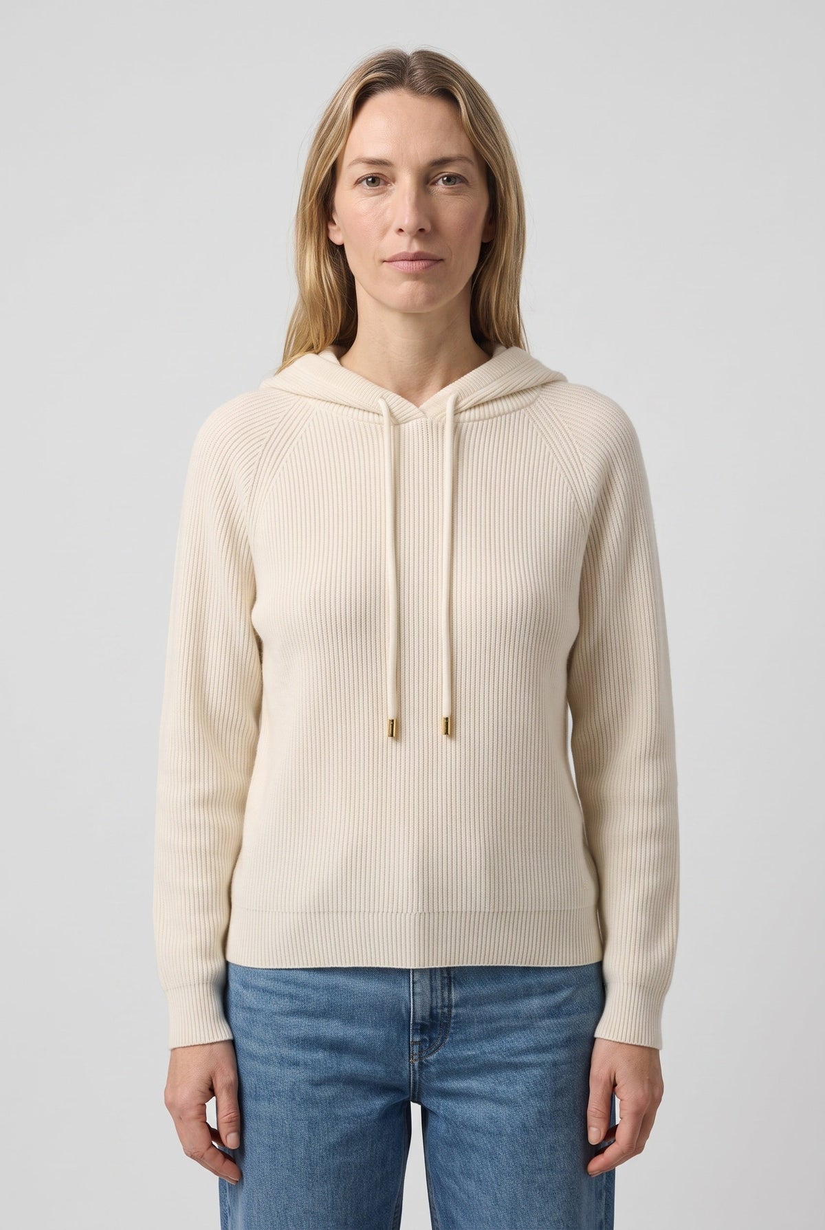 Women's Relaxed Ribbed Hoodie, Drawstring Pullover - White