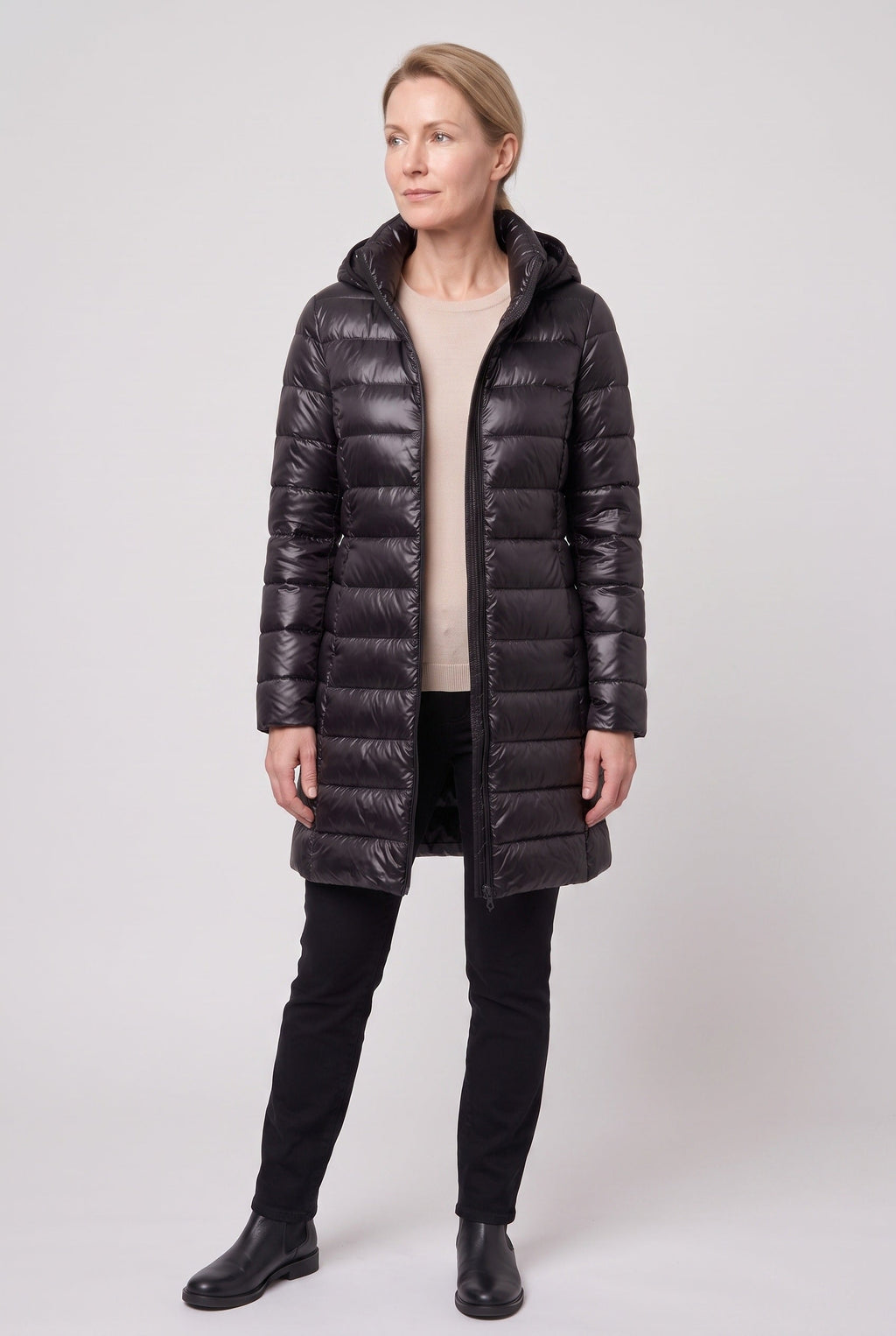 Women's Hooded Longline Puffer Jacket in Black