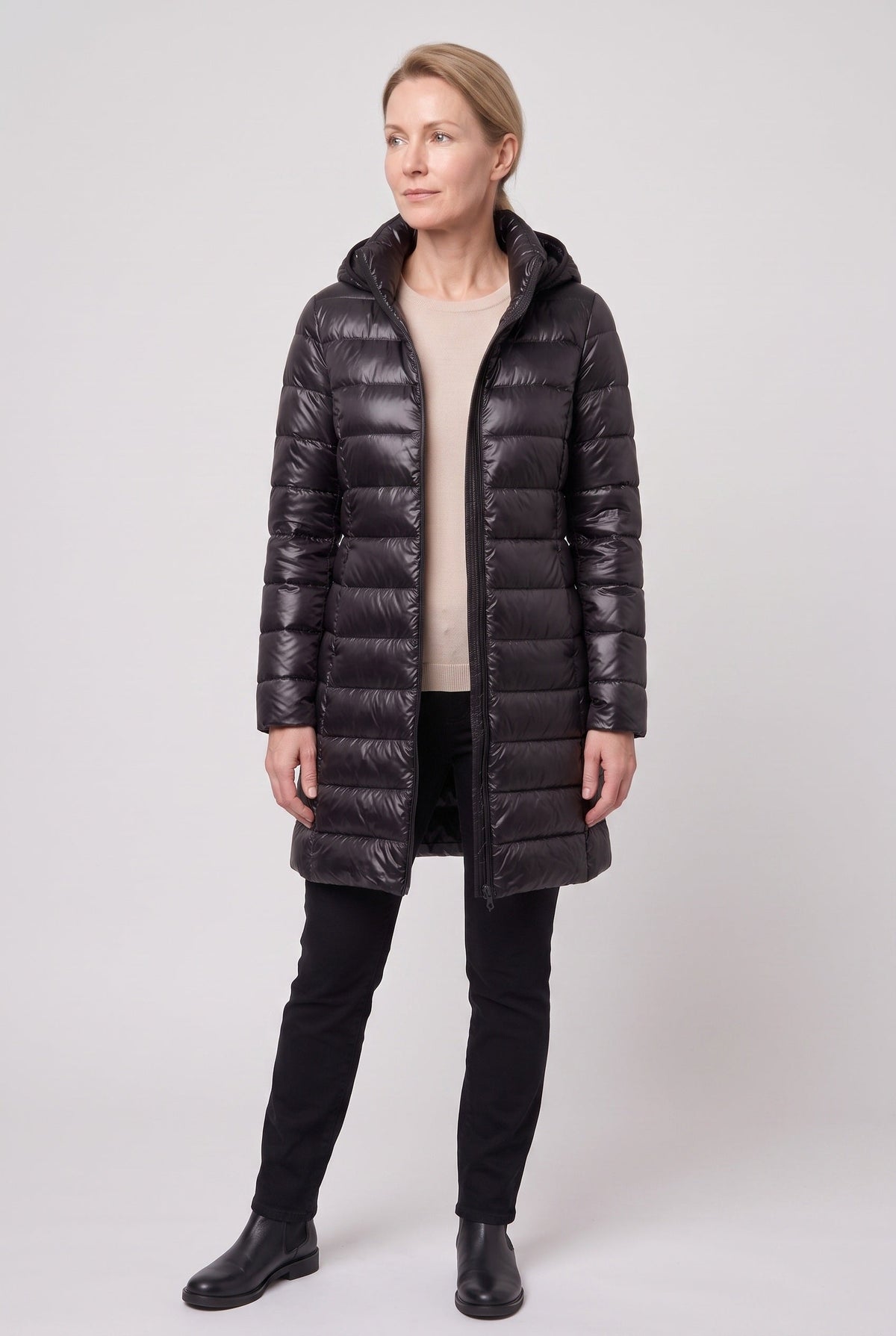 Women's Hooded Longline Puffer Jacket in Black