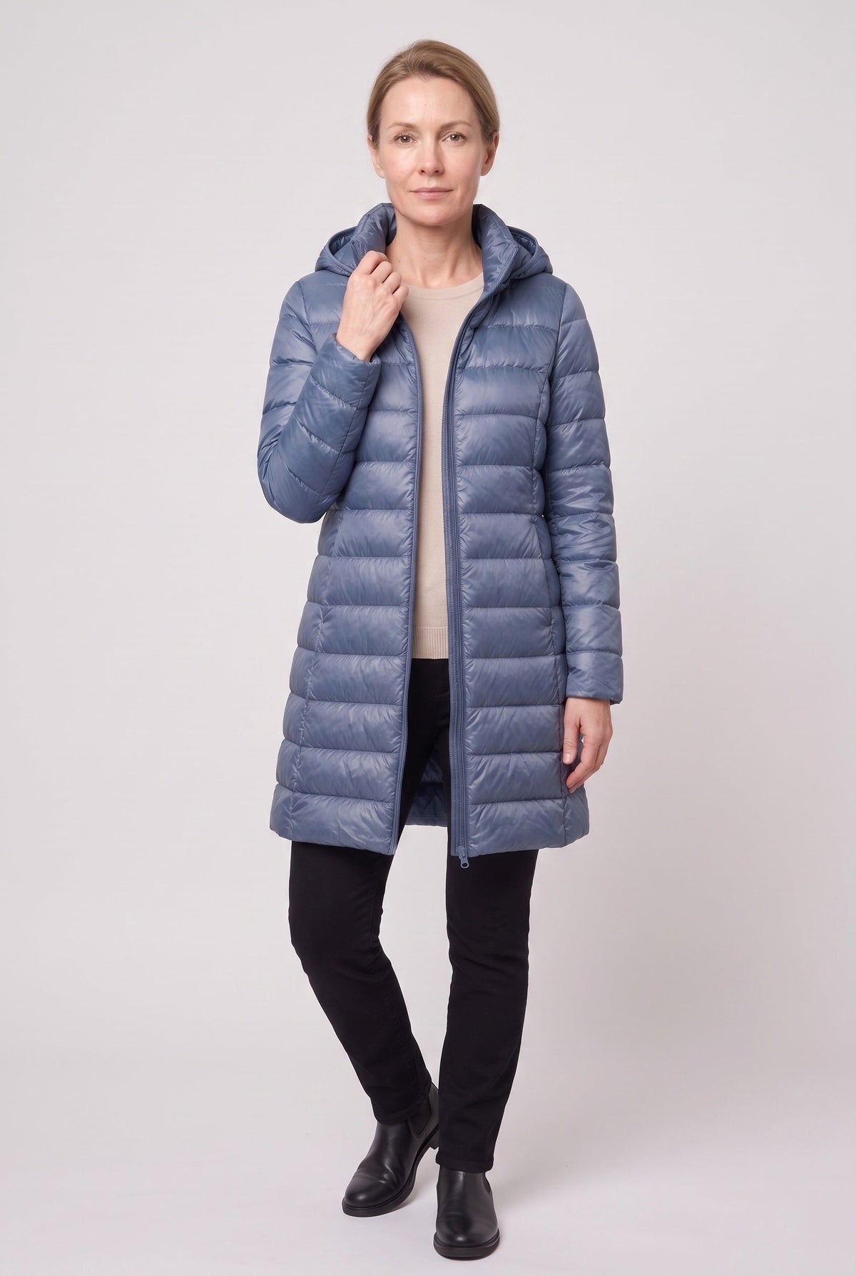Women's Hooded Longline Puffer Jacket in Blue