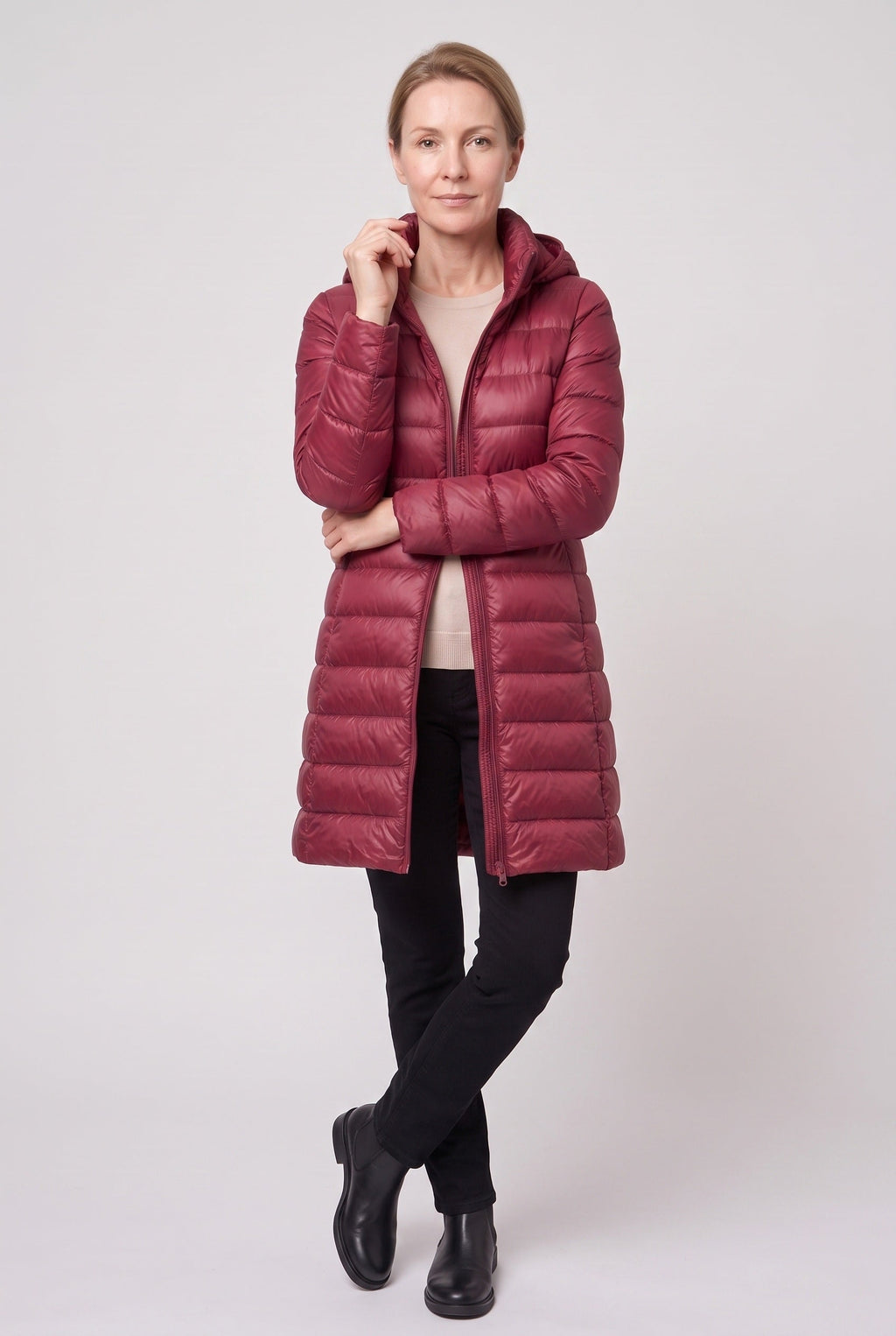 Women's Hooded Longline Puffer Jacket in Burgundy Red