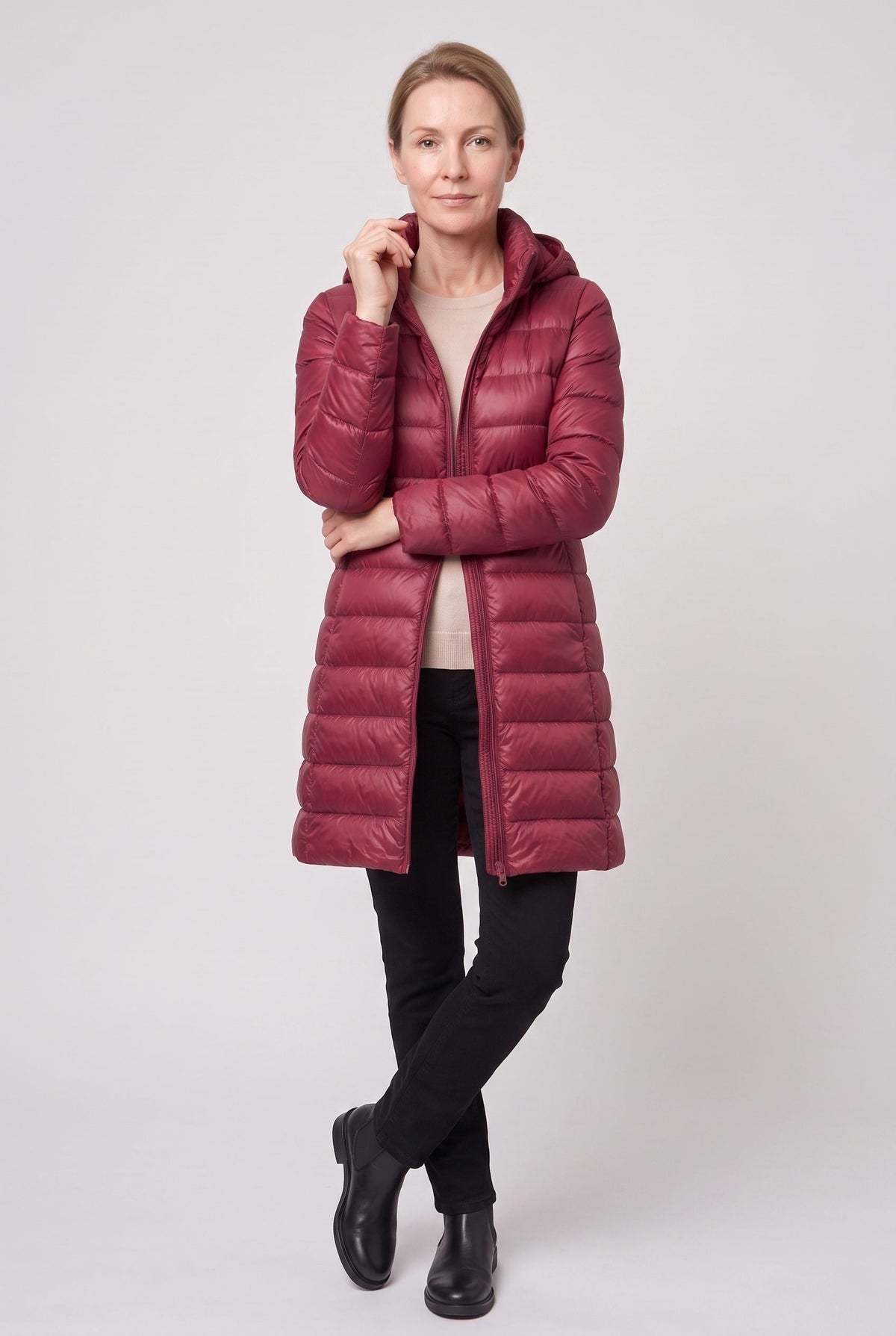 Women's Hooded Longline Puffer Jacket in Burgundy Red