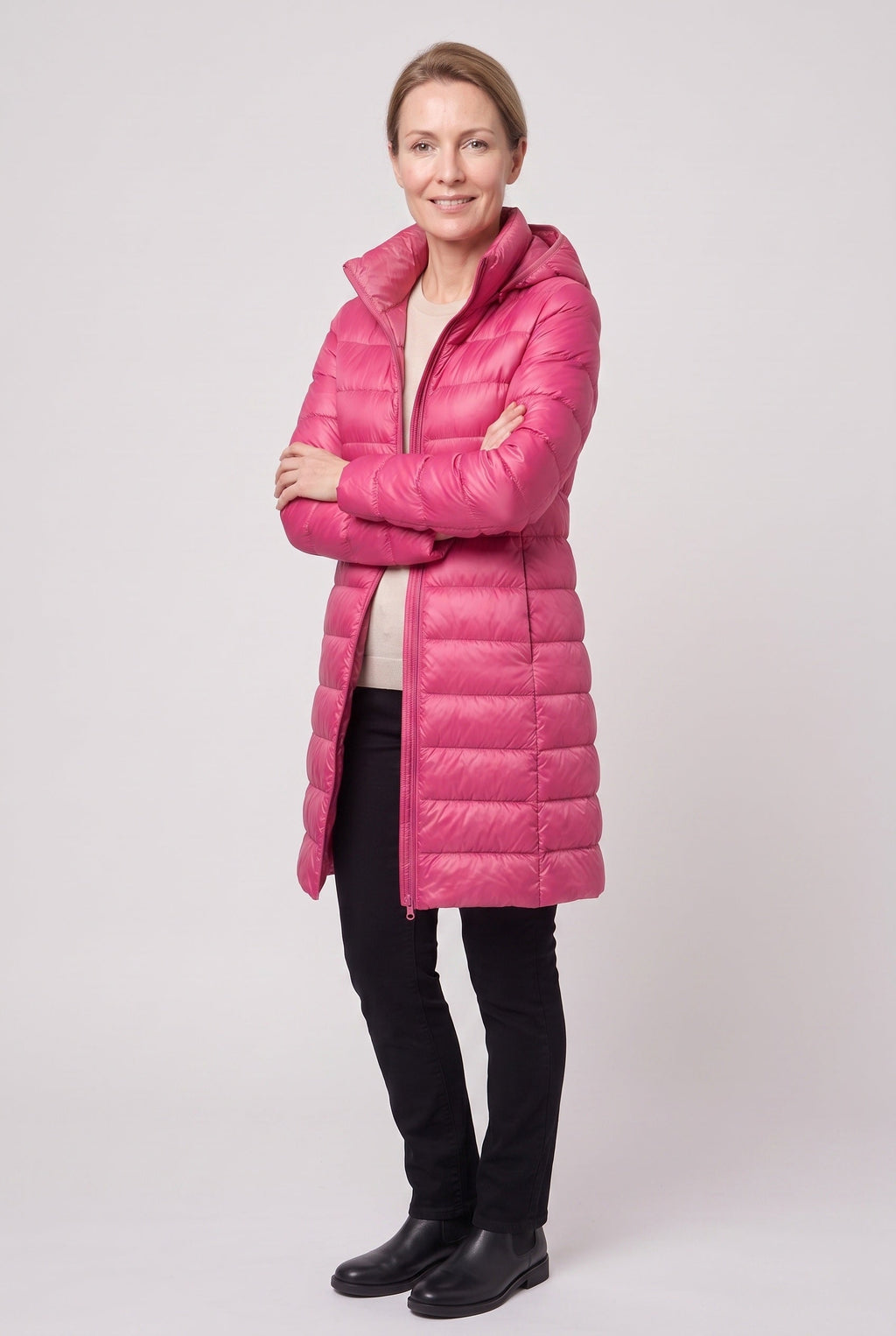Women's Hooded Longline Puffer Jacket in Fuchsia
