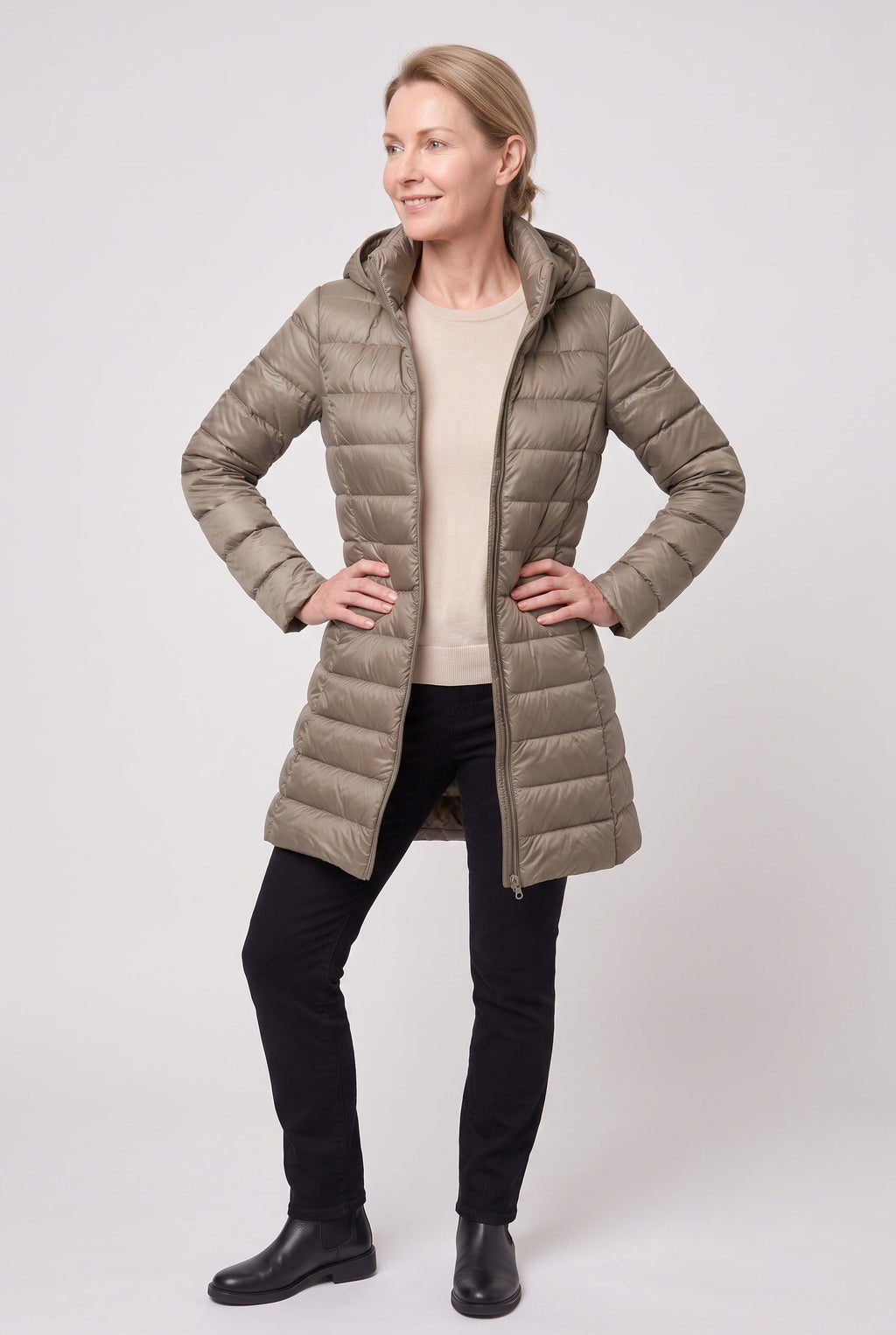 Women's Hooded Longline Puffer Jacket in Khaki