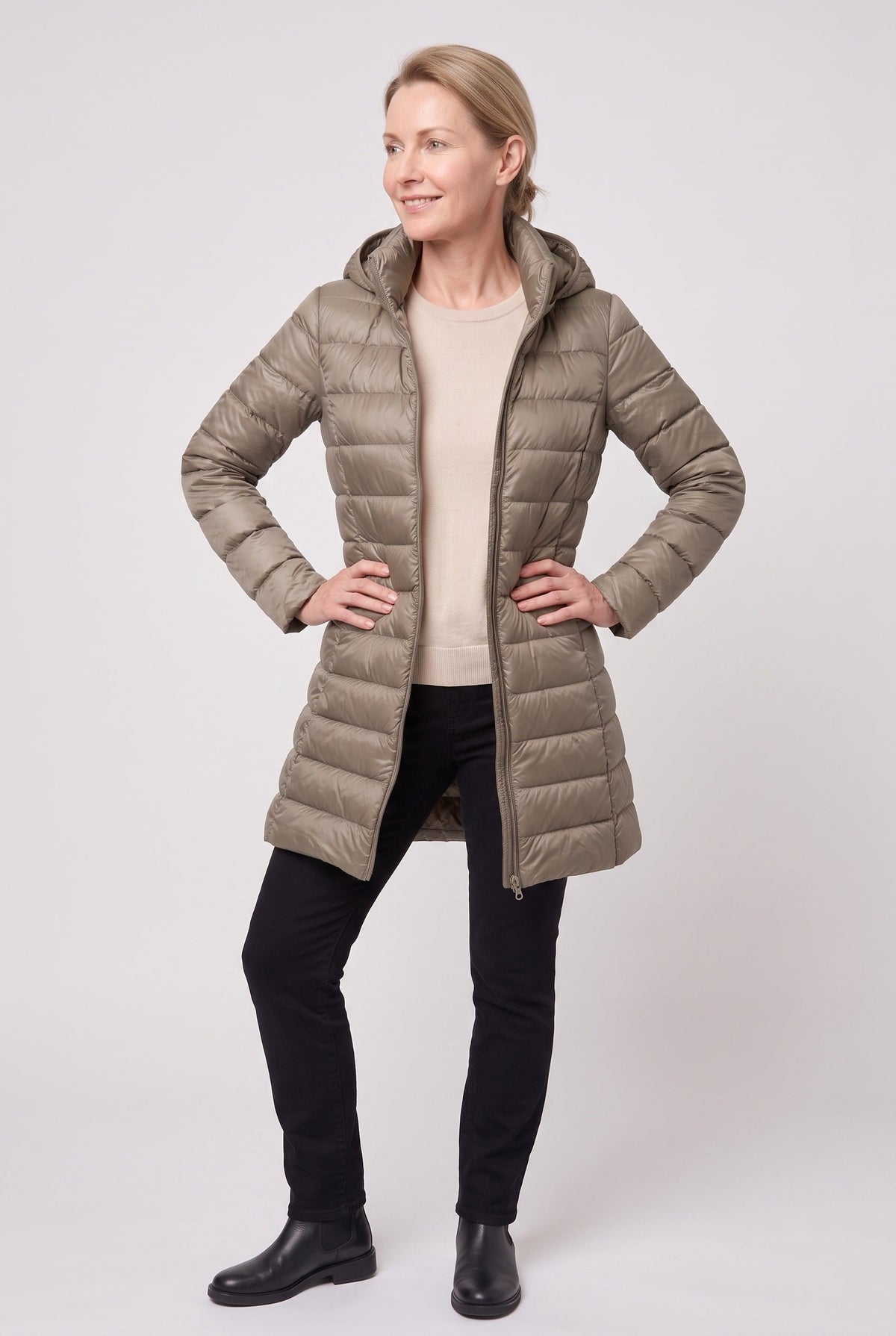 Women's Hooded Longline Puffer Jacket in Khaki