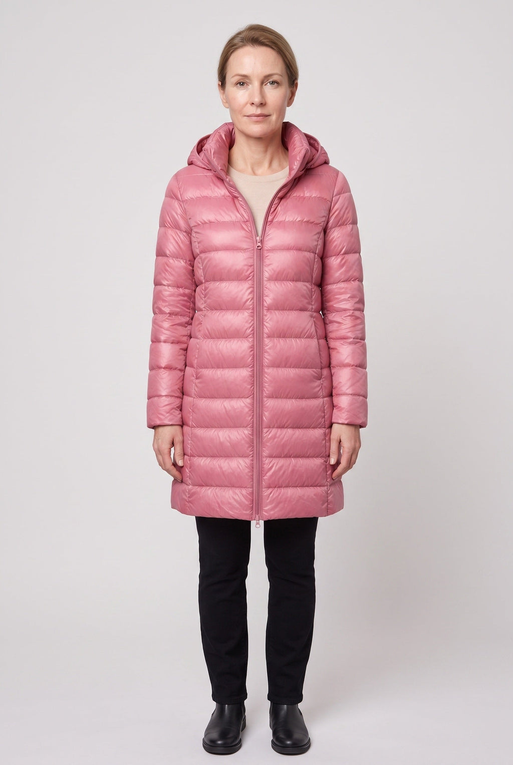 Women's Hooded Longline Puffer Jacket in Pink