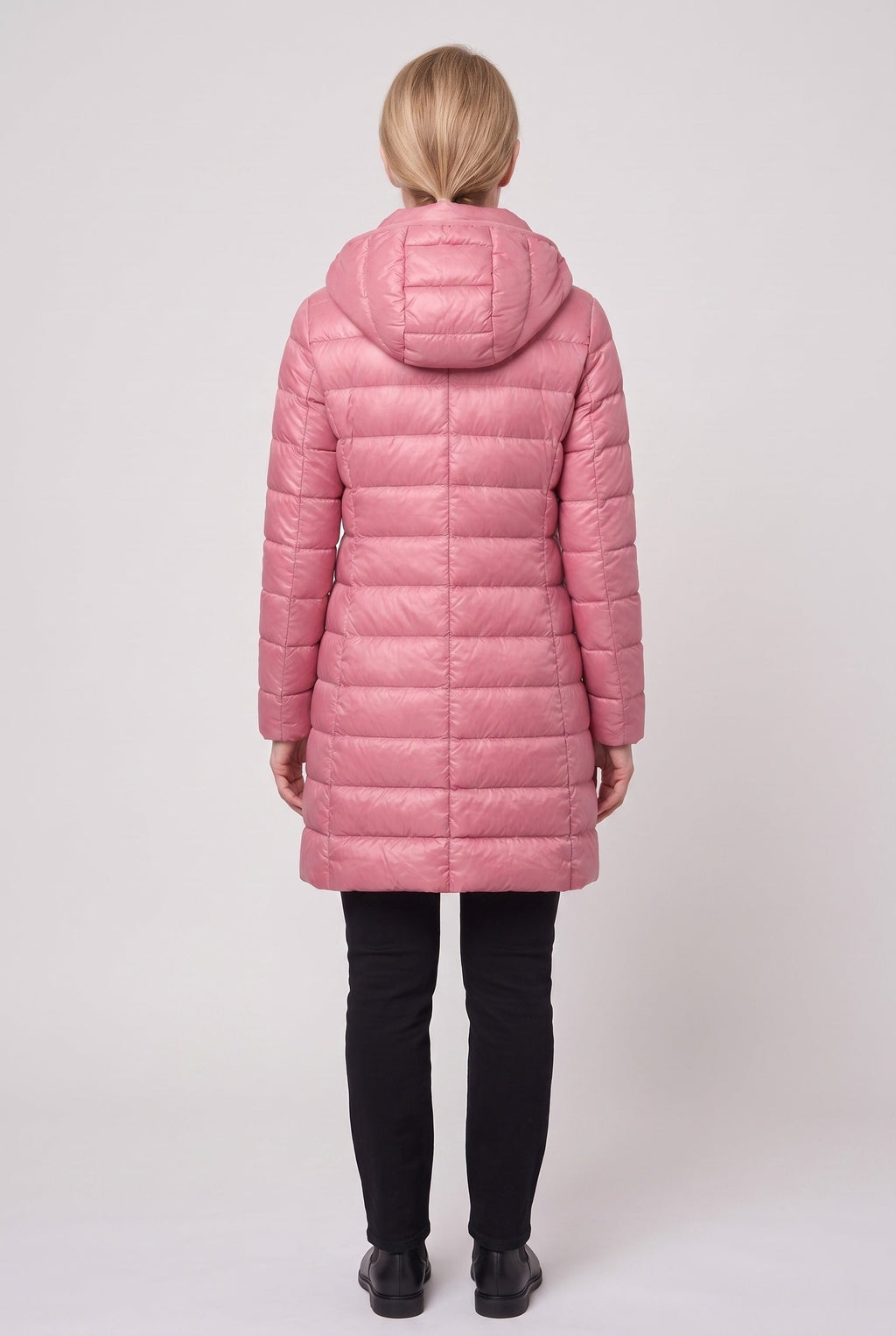 Women's Hooded Longline Puffer Jacket in Pink, back
