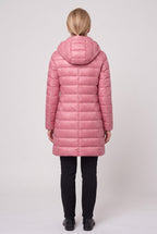 Women's Hooded Longline Puffer Jacket in Pink, back