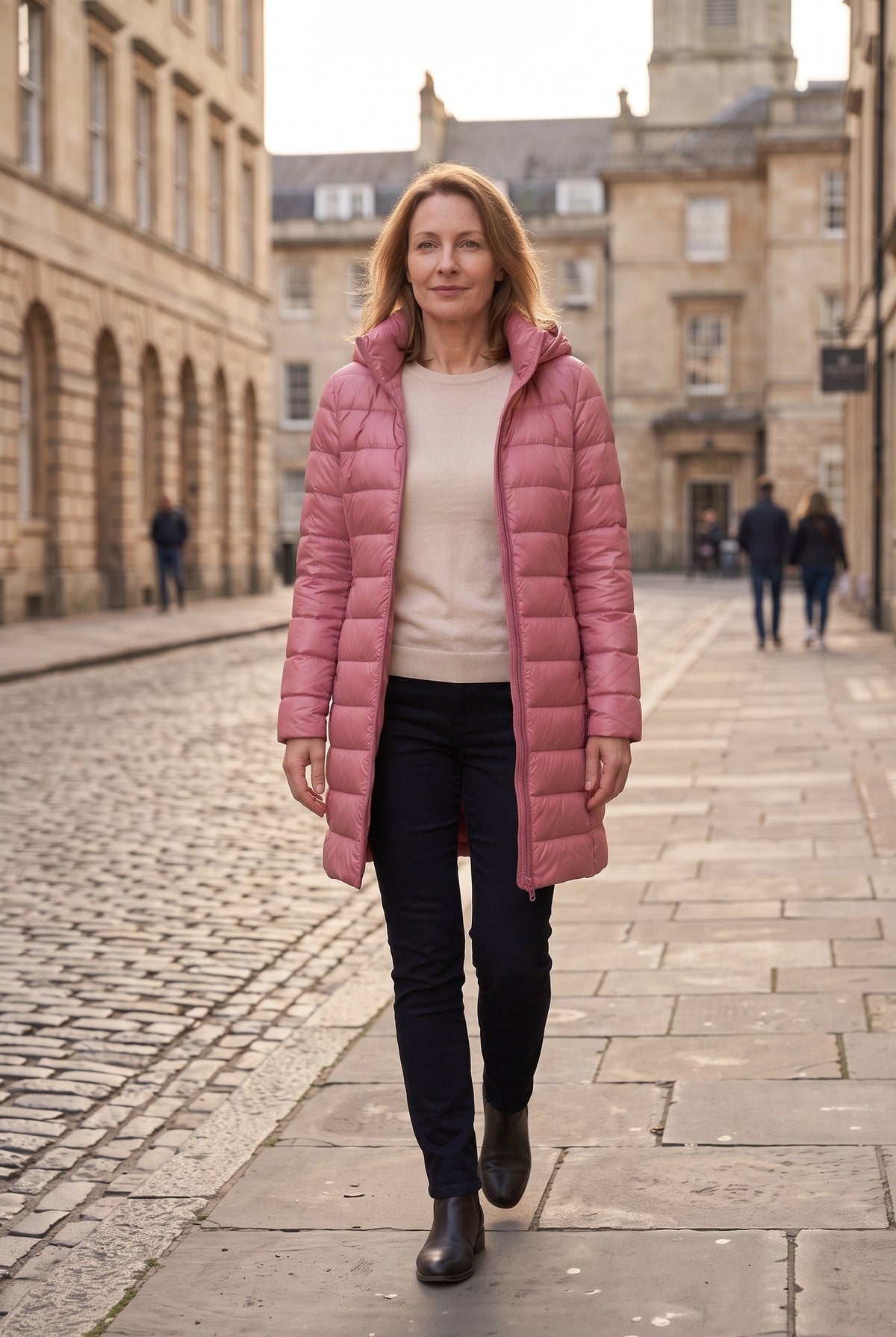 Women's Hooded Longline Puffer Jacket in Pink, lifestyle
