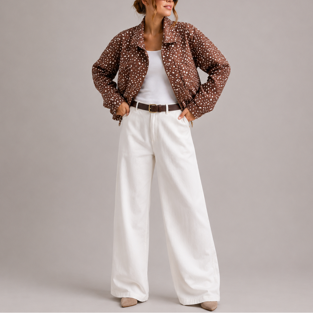 Women's cropped bomber jacket with high neck in brown polka dot, front detail