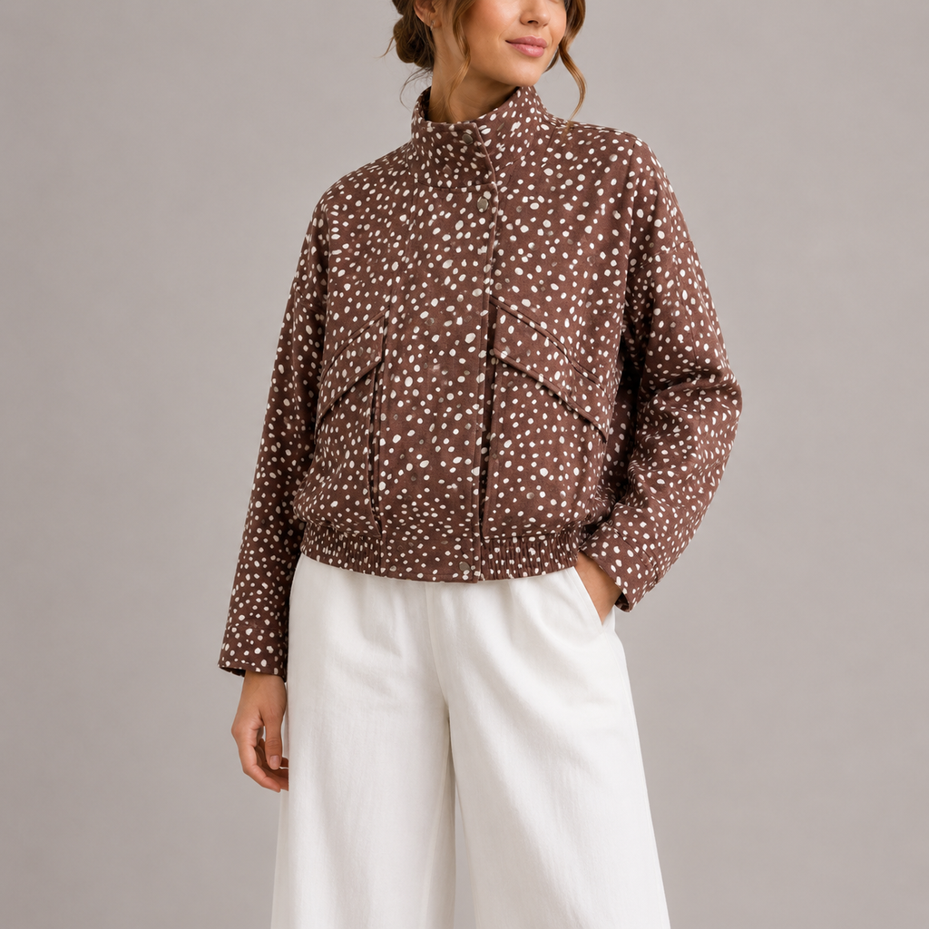 Women's cropped bomber jacket with high neck in brown polka dot