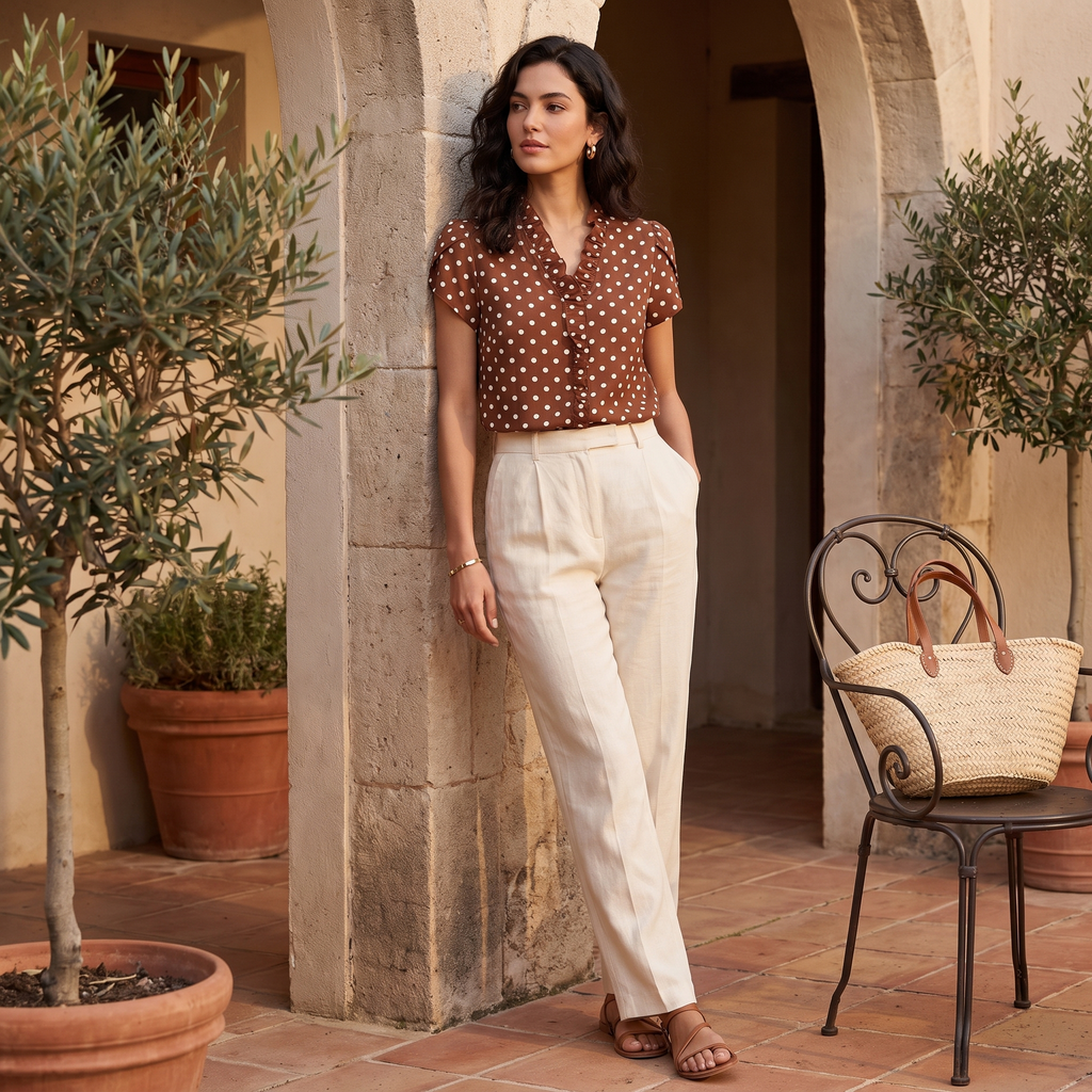 Women's polka dot ruffle-neck blouse in brown, sleeve detail