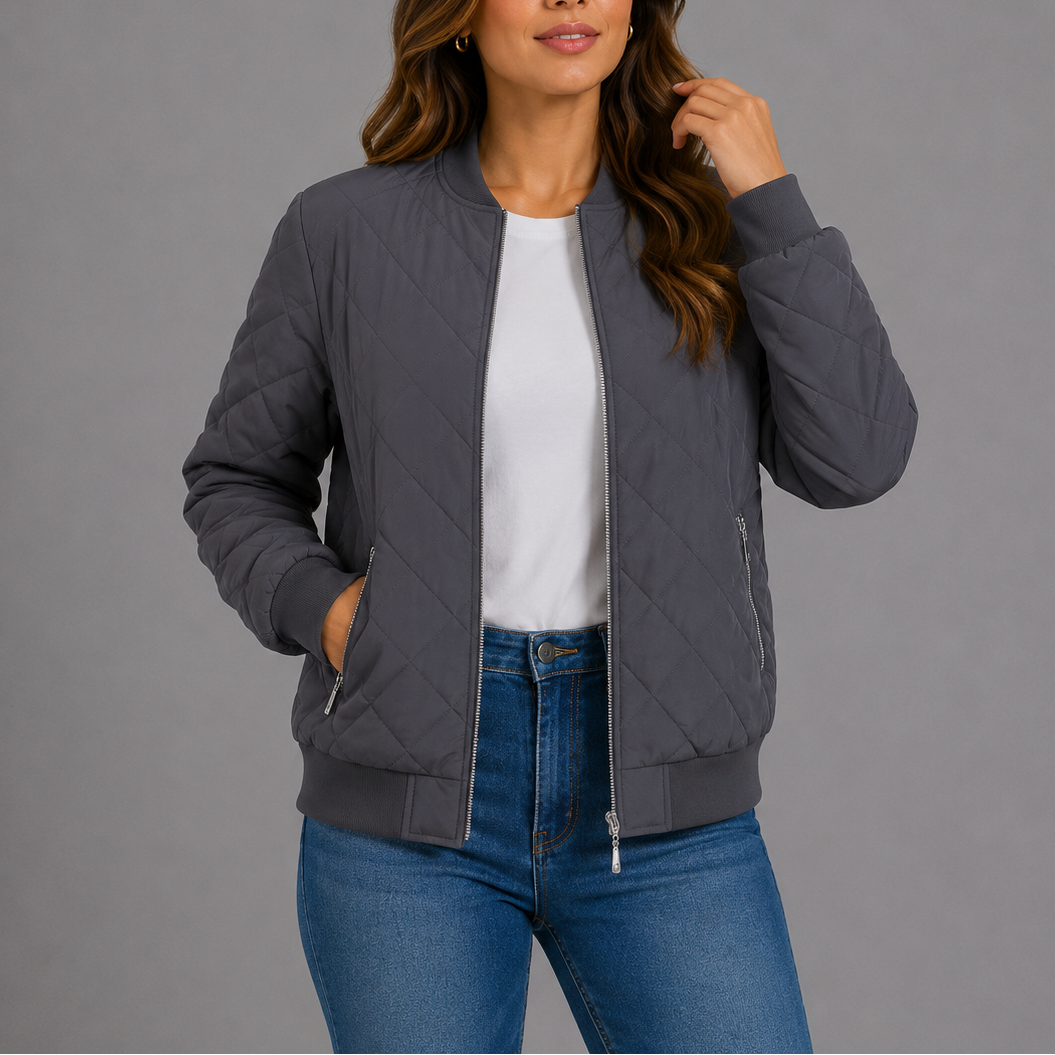 Women's quilted bomber jacket in grey