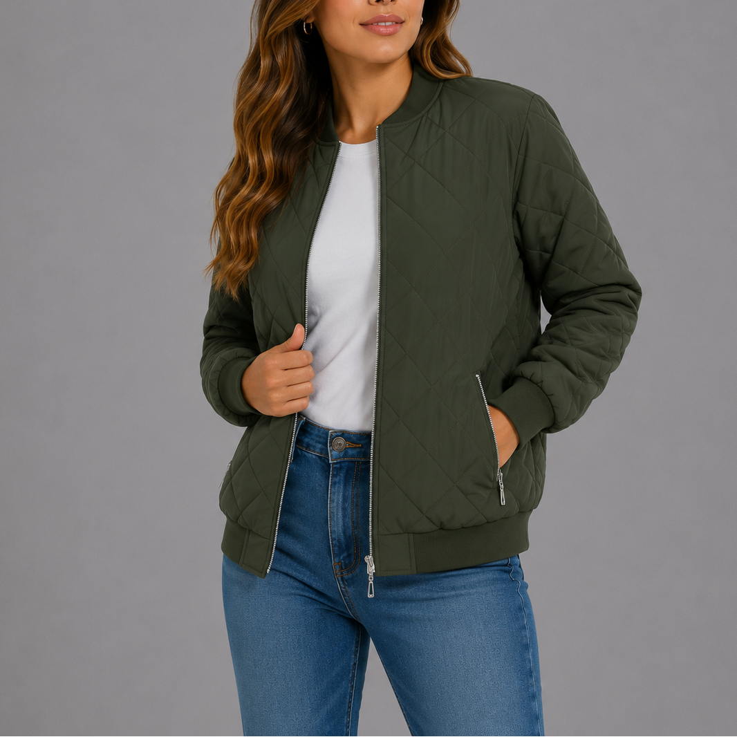 Women's quilted bomber jacket in olive green