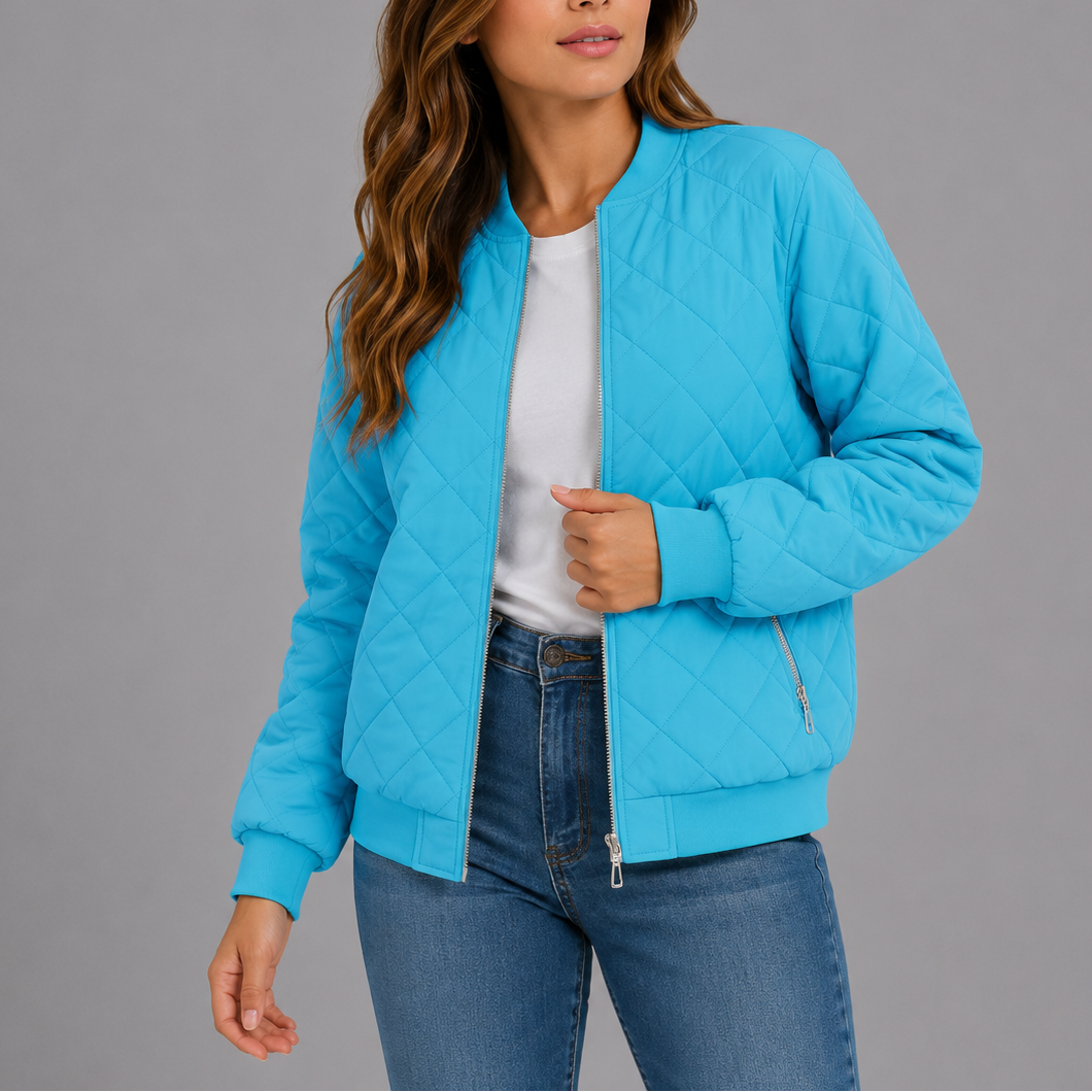 Women's quilted bomber jacket in baby blue
