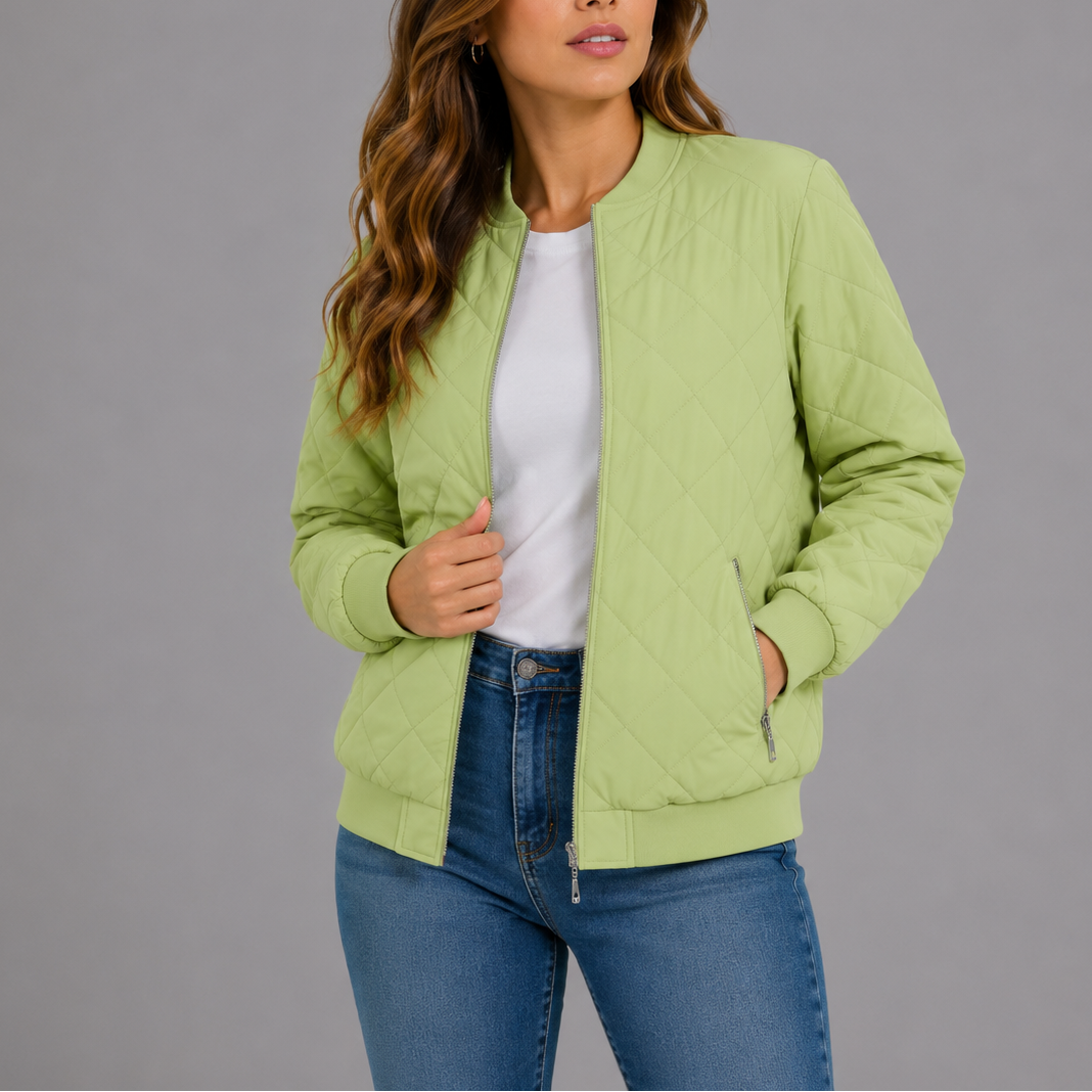 Women's quilted bomber jacket in soft lime green