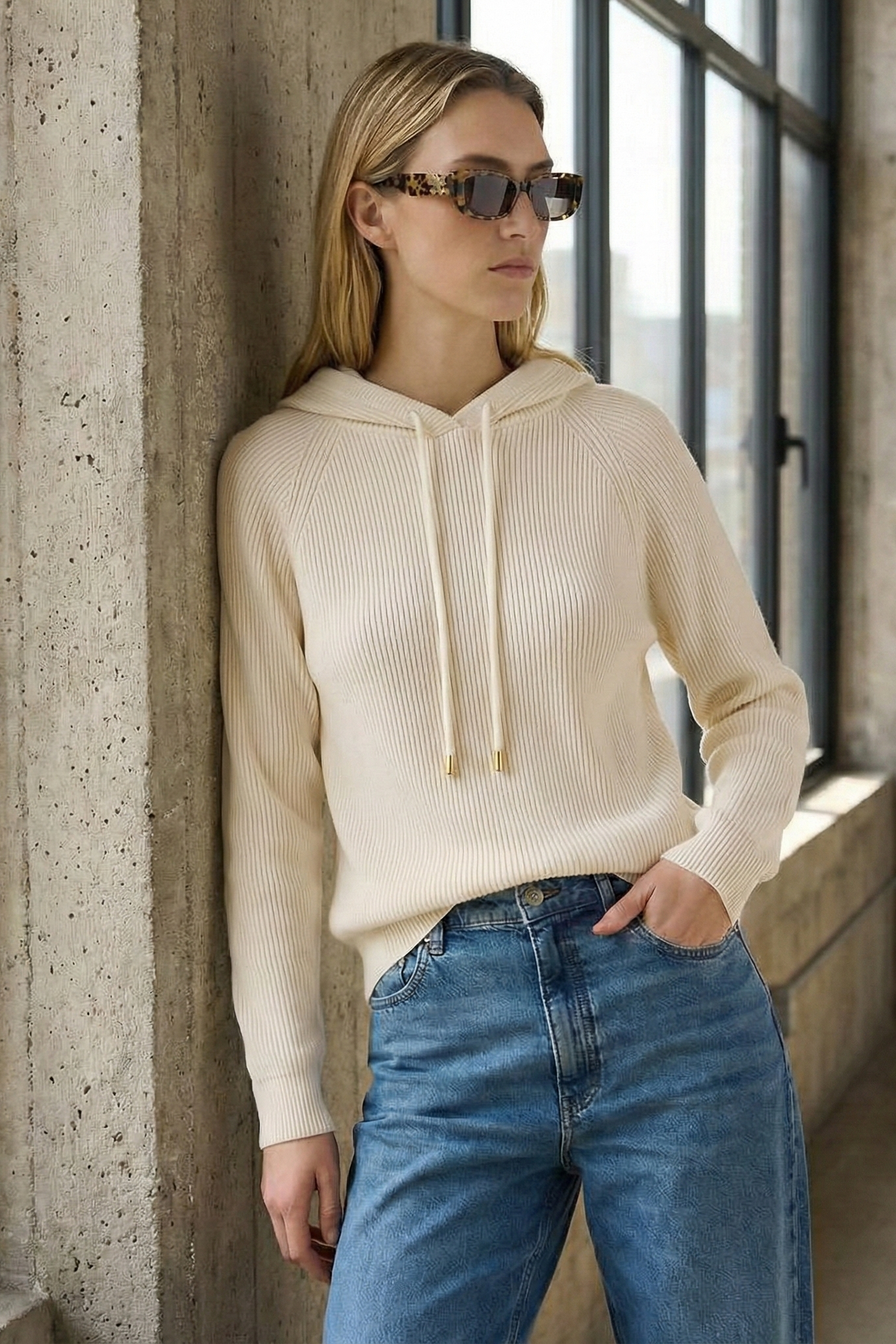 Women's Relaxed Ribbed Hoodie, Drawstring Pullover