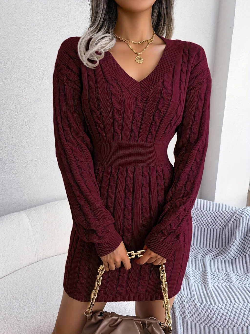 Women's Cable-Knit Sweater Dress, Cinched Waist – view 2
