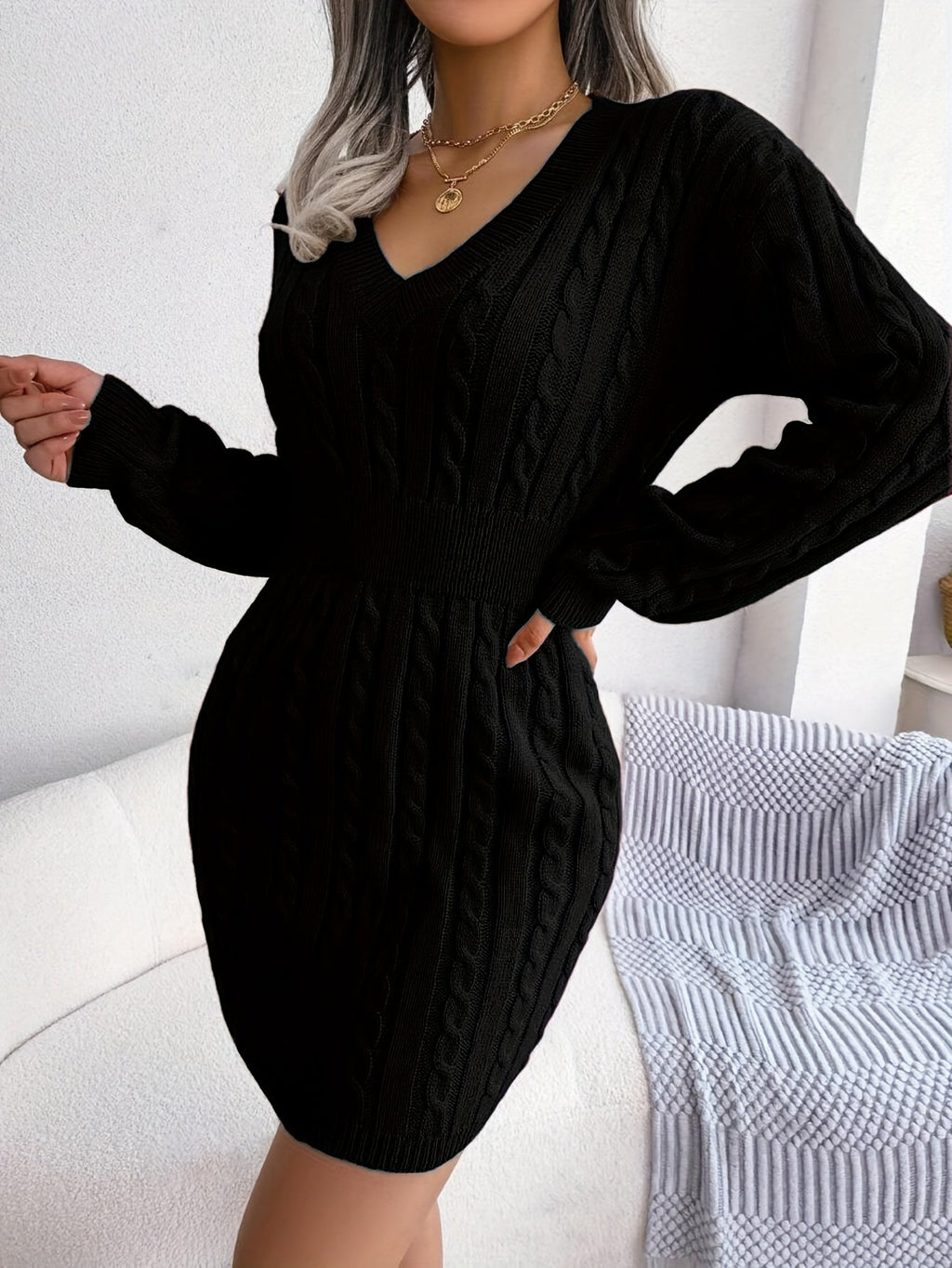 Women's Cable-Knit Sweater Dress, Cinched Waist – view 9
