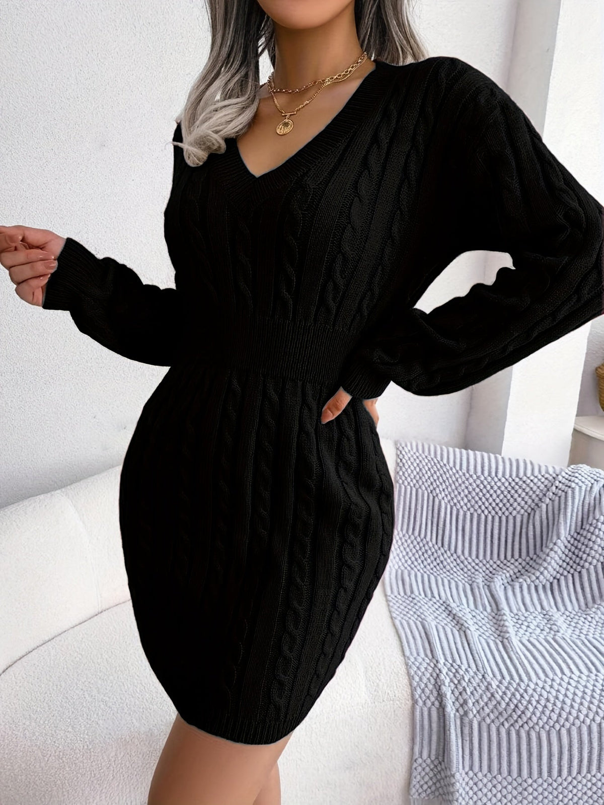 Women's Cable-Knit Sweater Dress, Cinched Waist – view 9