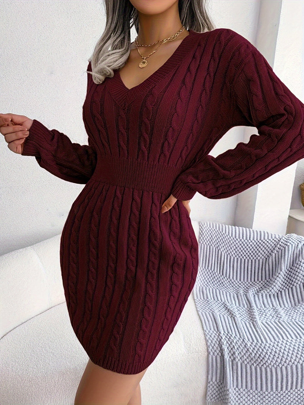 Women's Cable-Knit Sweater Dress, Cinched Waist – view 4