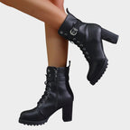 Ankle buckle strap detail on block heel boots