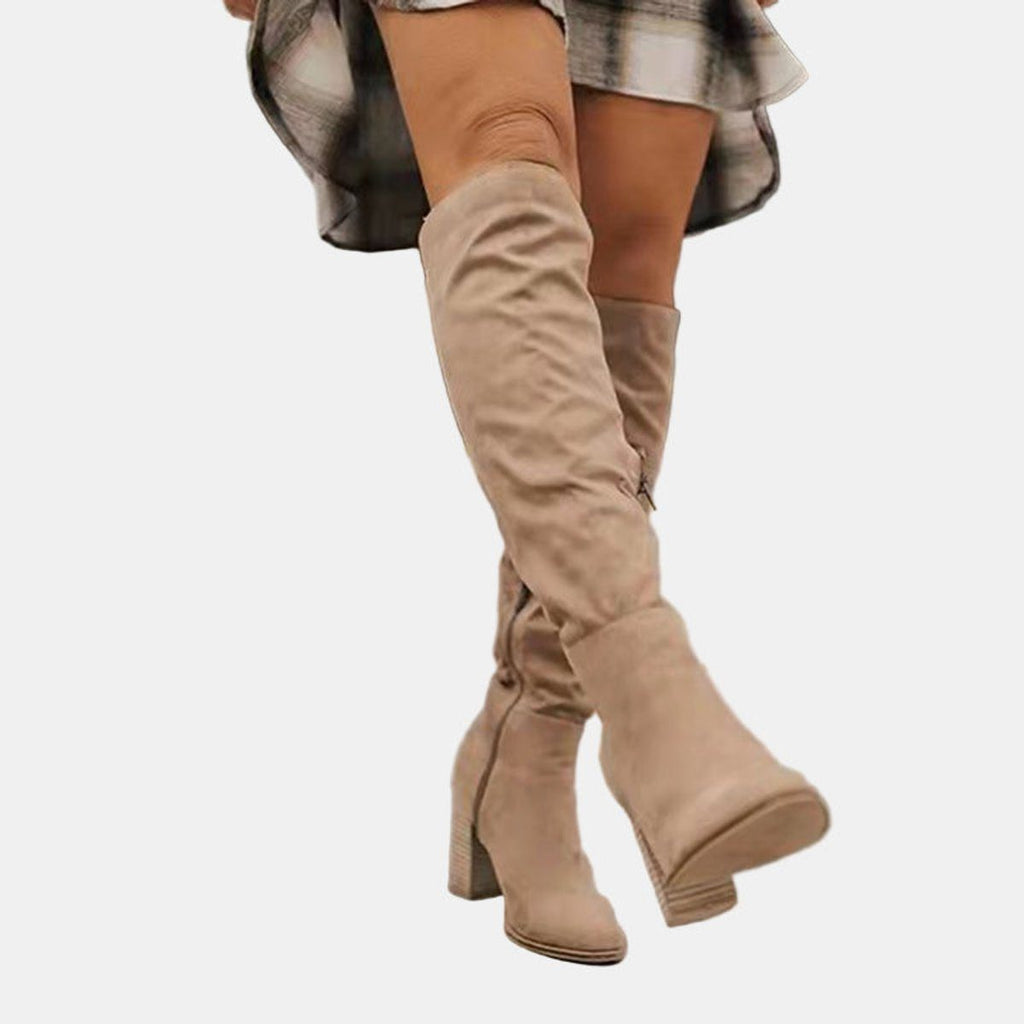 Beige over-the-knee block heel boots, front view