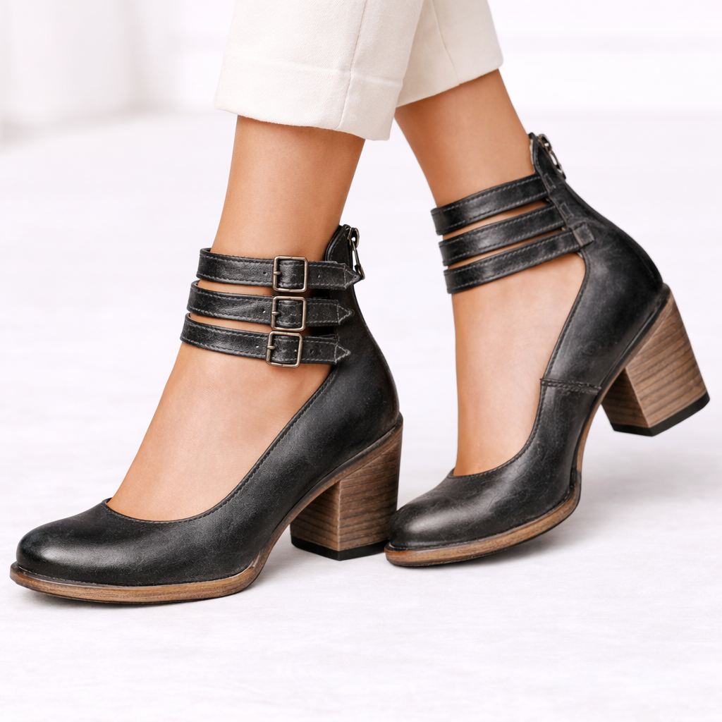 Black heeled ankle-strap sandals