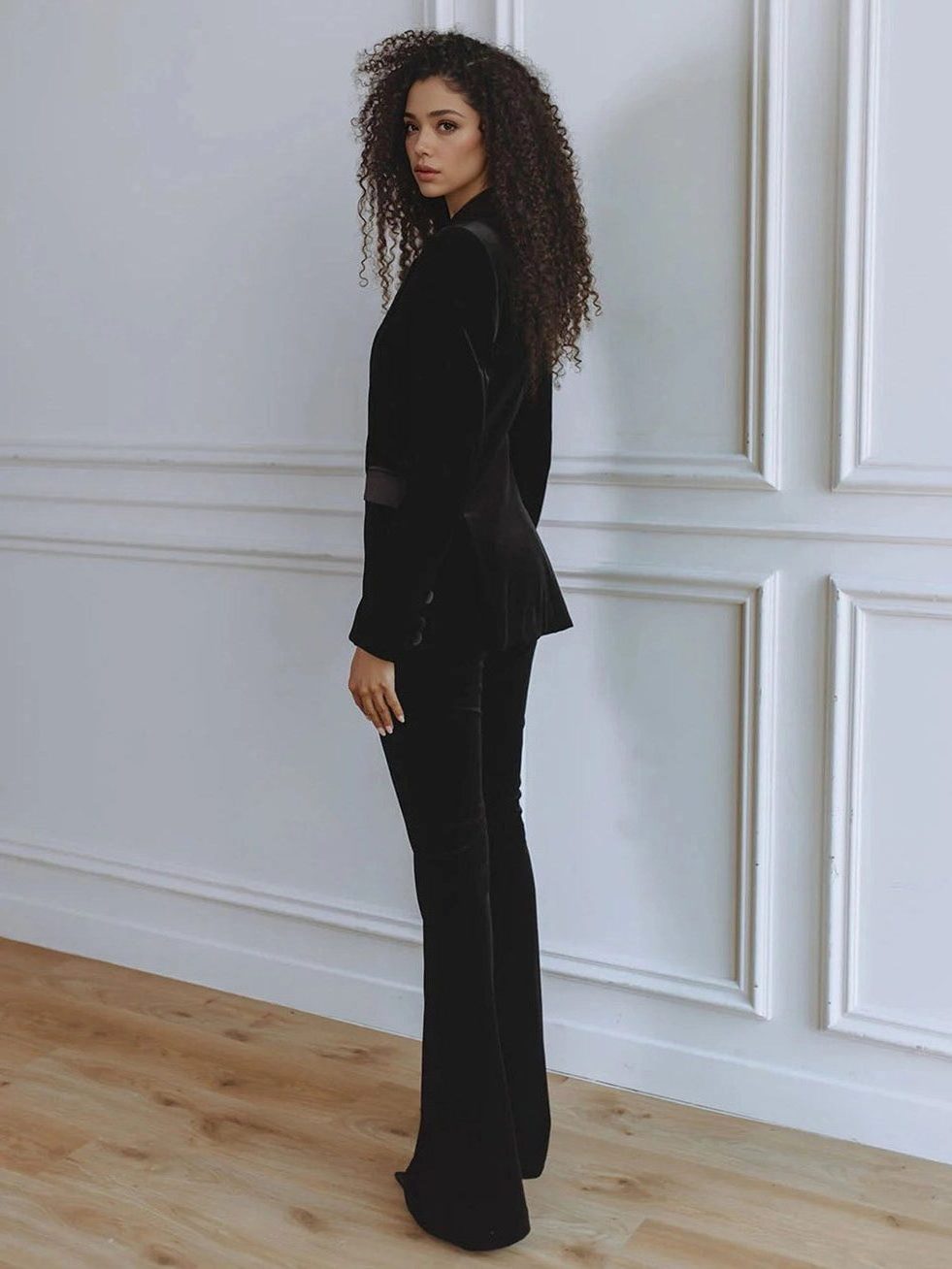 Black velvet blazer set shown on model