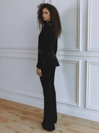 Black velvet blazer set shown on model