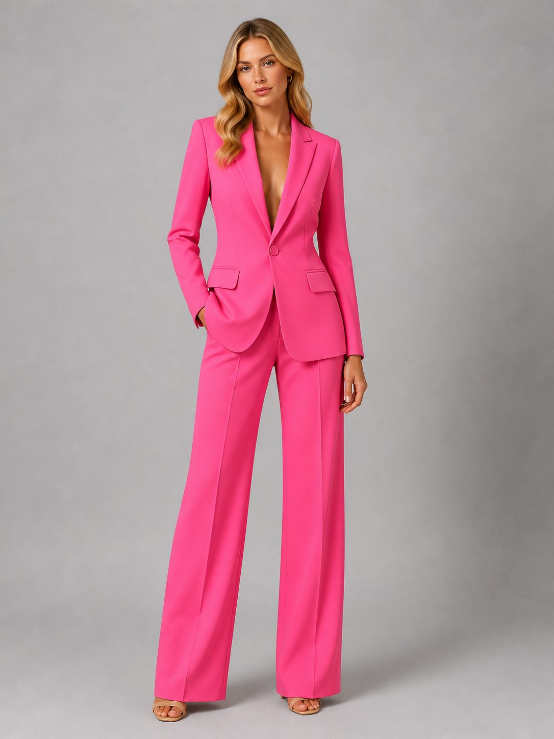 Pink tailored blazer and wide-leg trouser set