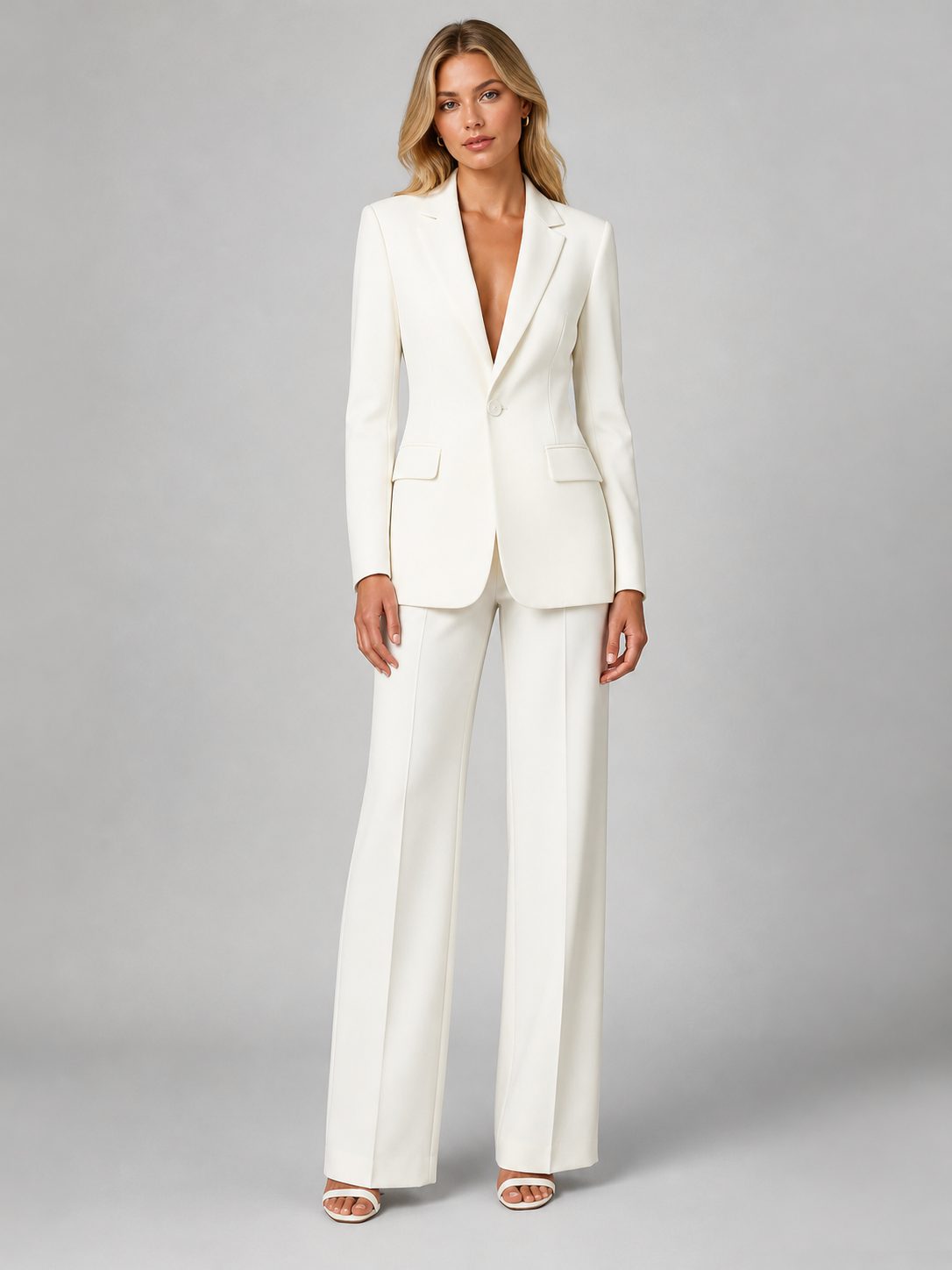 Woman wearing a white tailored blazer and wide-leg trouser set, front view