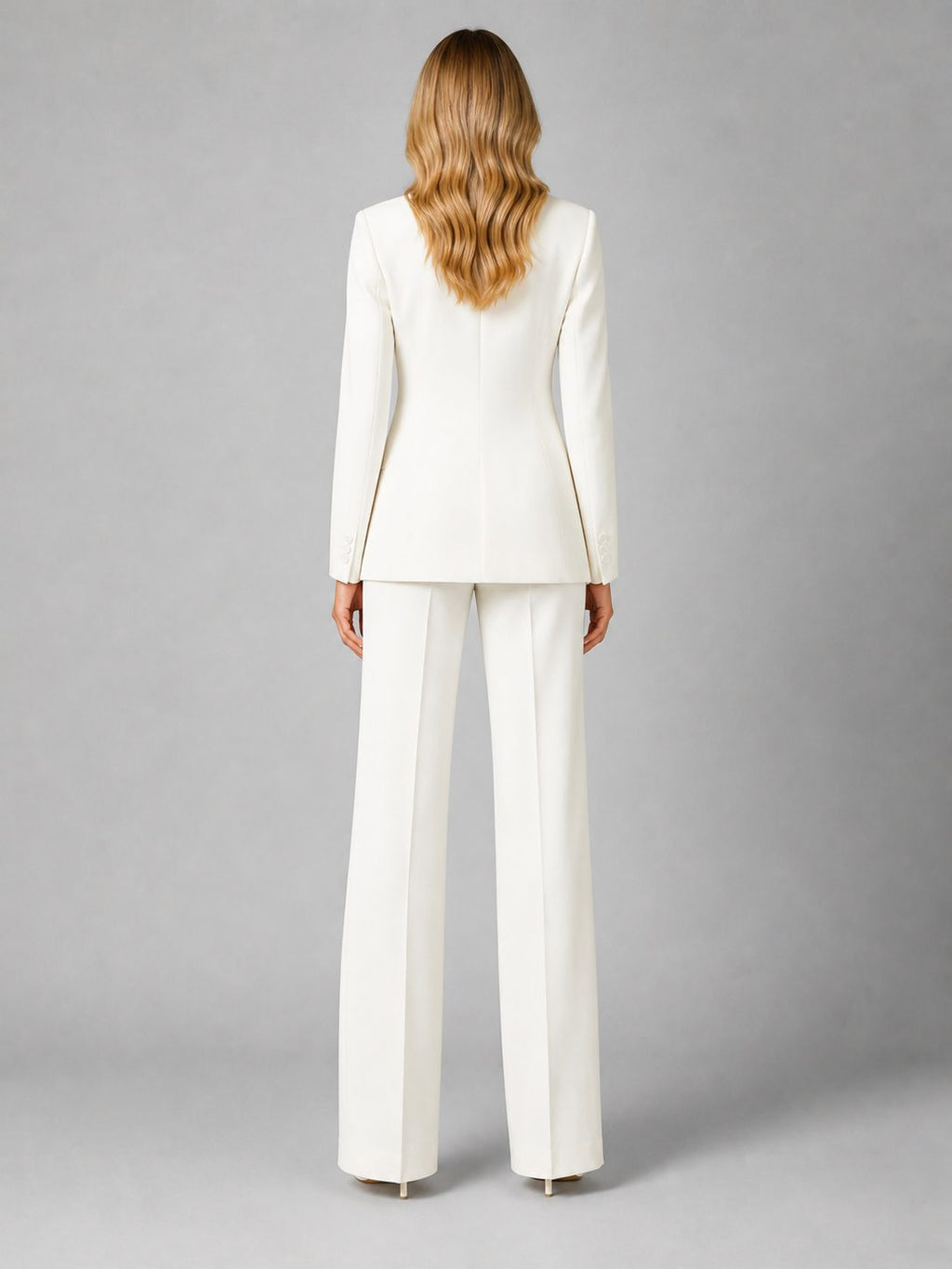 White tailored blazer and wide-leg trouser suit, styled view