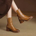 Women's block-heel ankle boots with side zip in brown