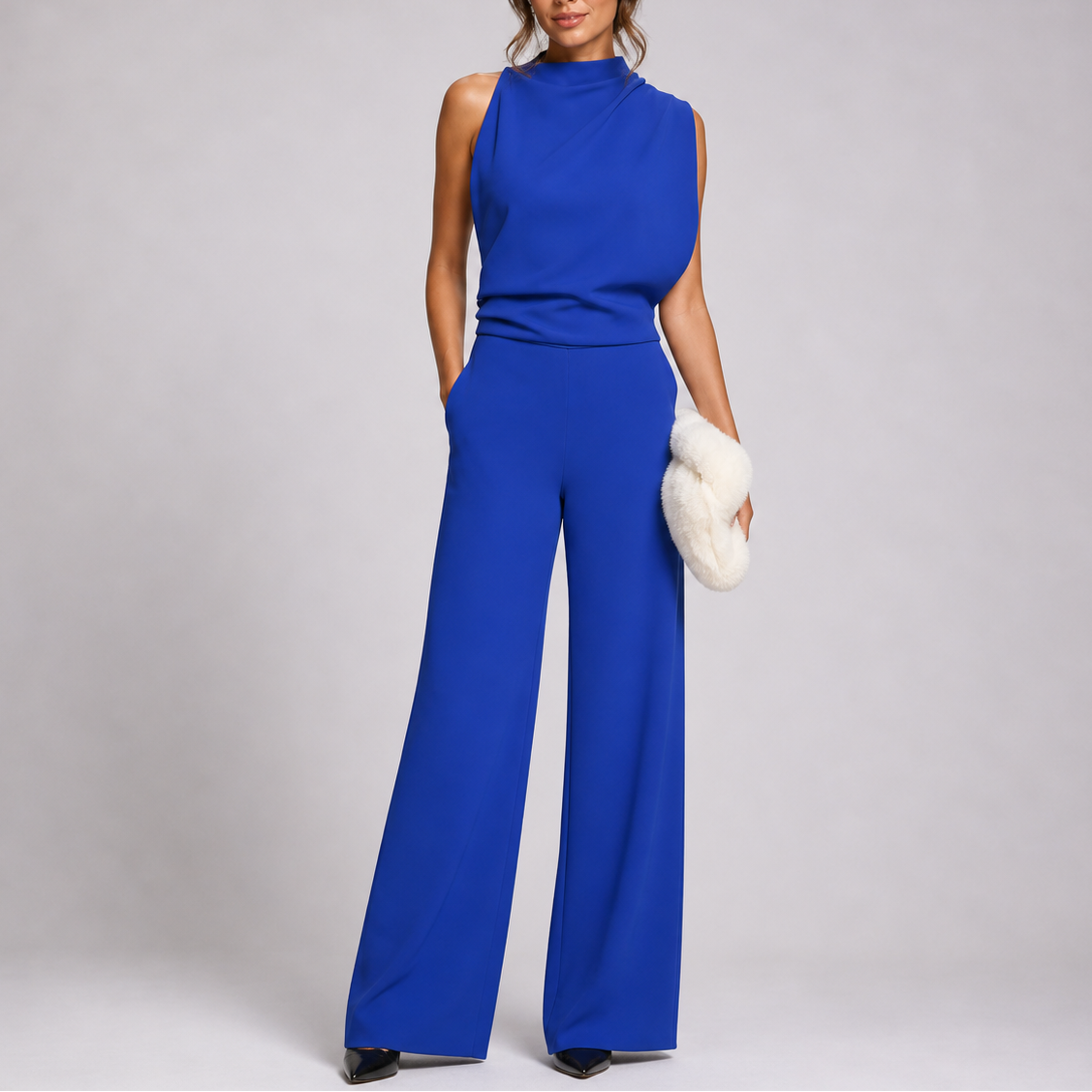 Blue sleeveless wide-leg jumpsuit