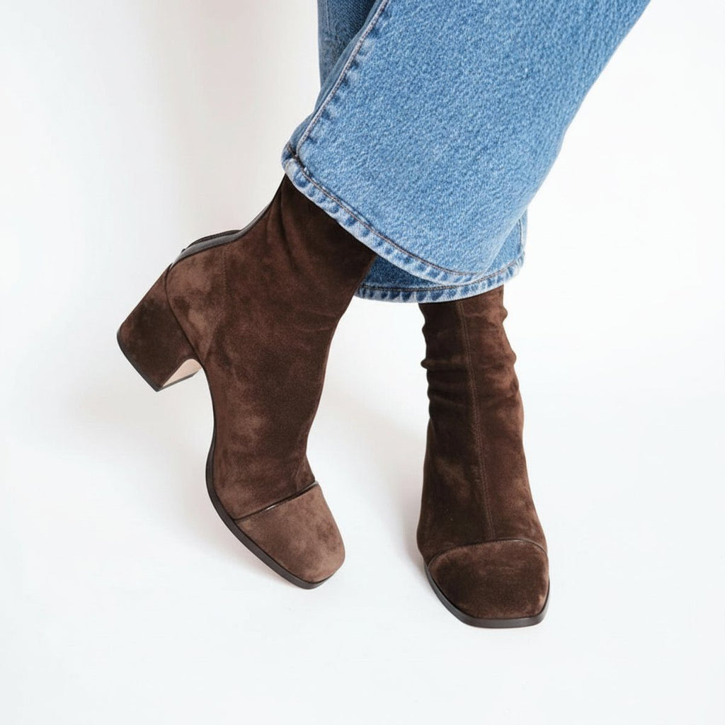 Brown suede block heel ankle boots with square toe, front view