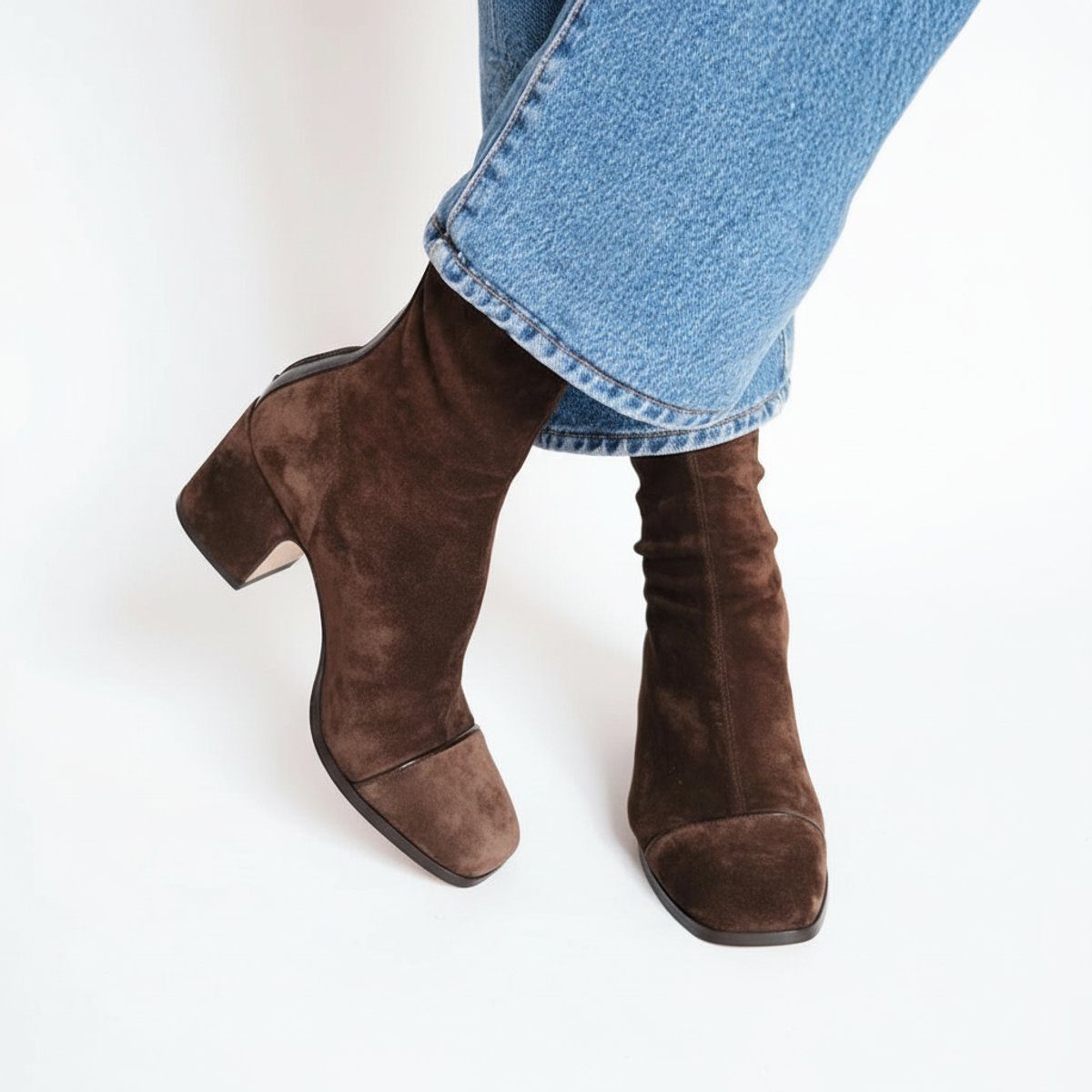 Brown suede block heel ankle boots with square toe, front view