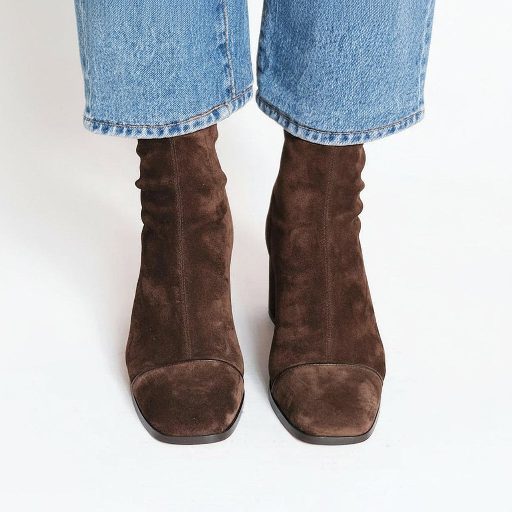 Brown suede square toe ankle boots, side view