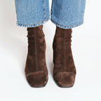 Brown suede square toe ankle boots, side view
