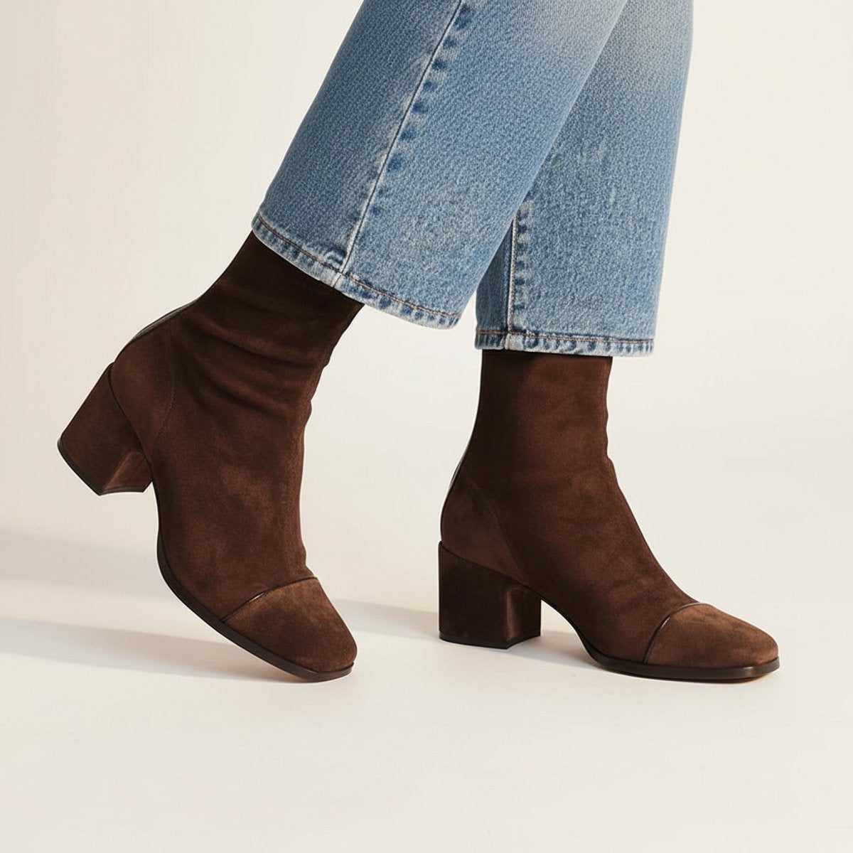 Brown suede block heel ankle boots, angled view