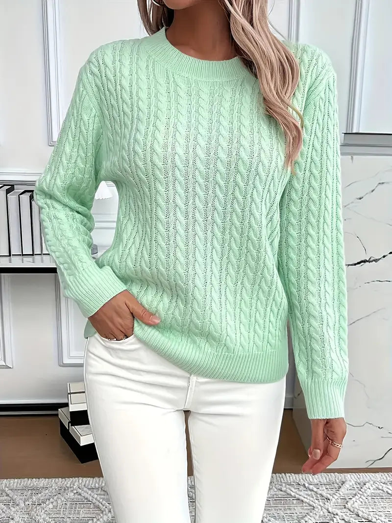 Cable knit crew neck sweater in light green