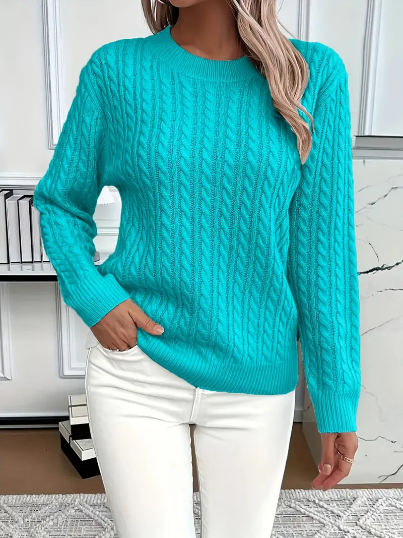 Cable knit crew neck sweater in peacock blue
