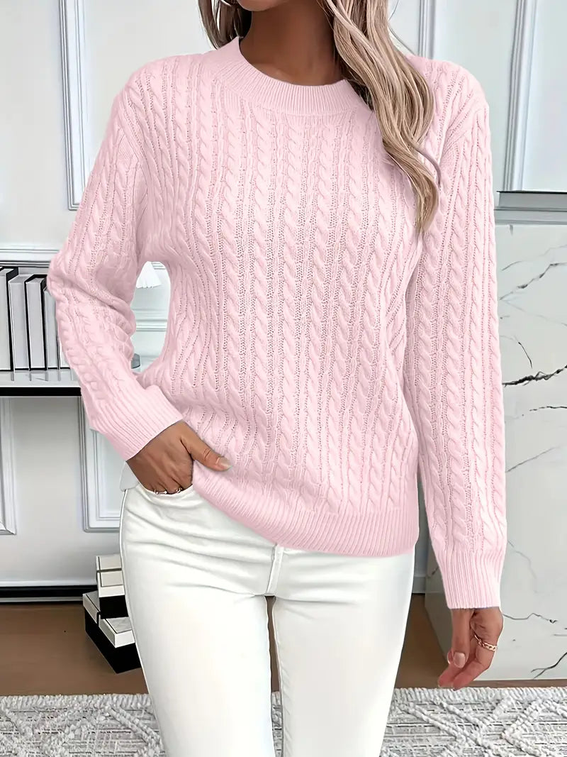 Cable knit crew neck sweater in pink