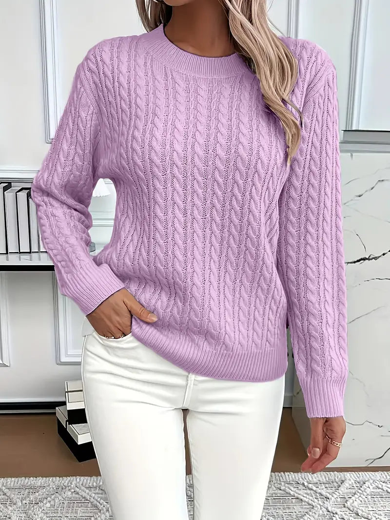 Cable knit crew neck sweater in purple