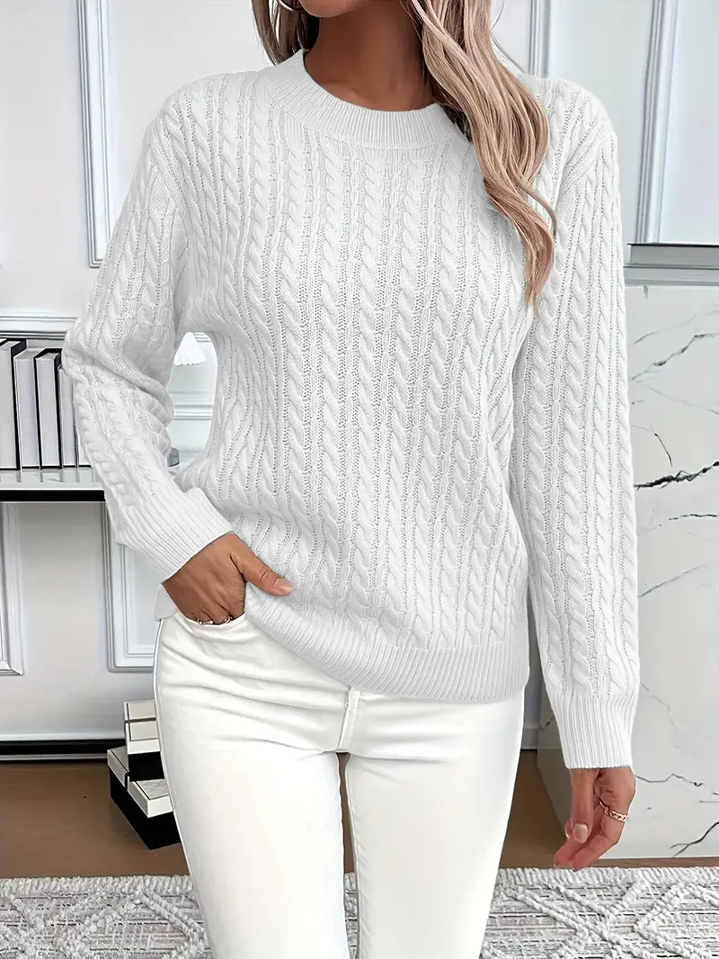 Cable knit crew neck sweater in white