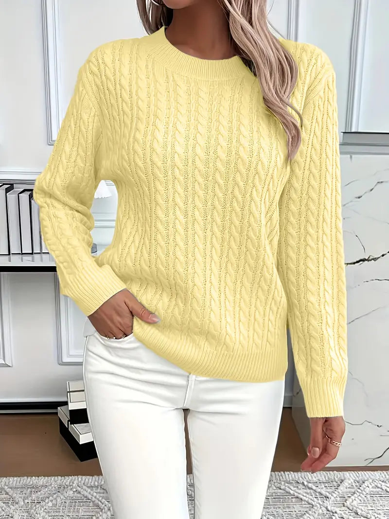 Cable knit crew neck sweater in yellow