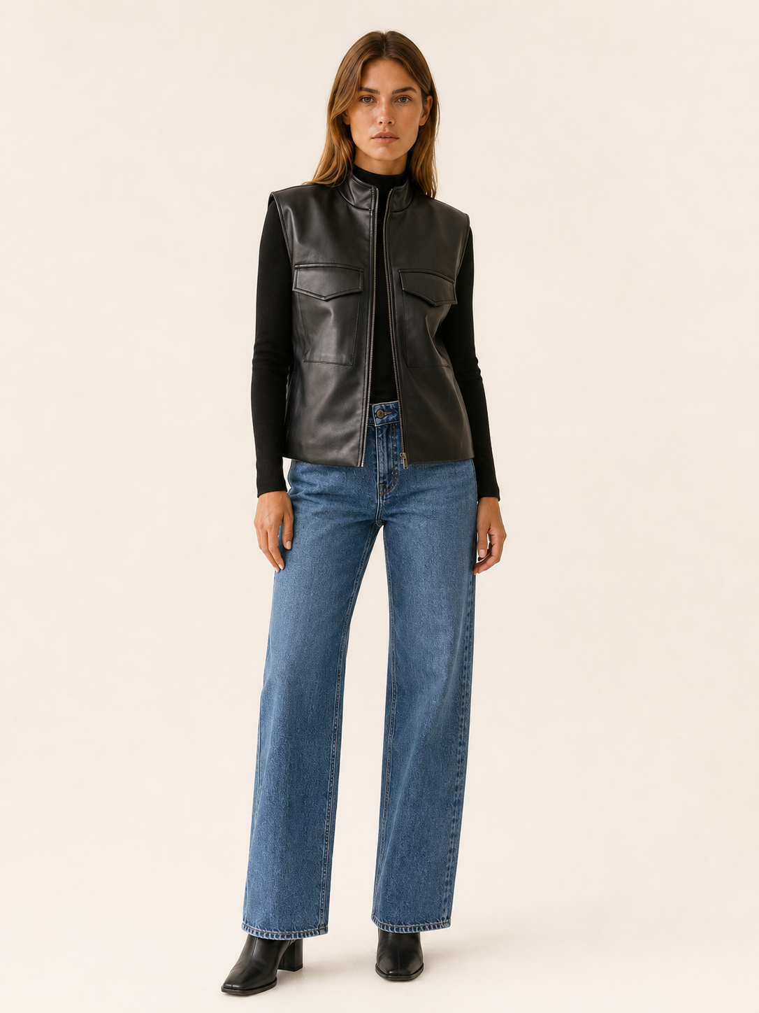 Sleeveless zip-front utility jacket front