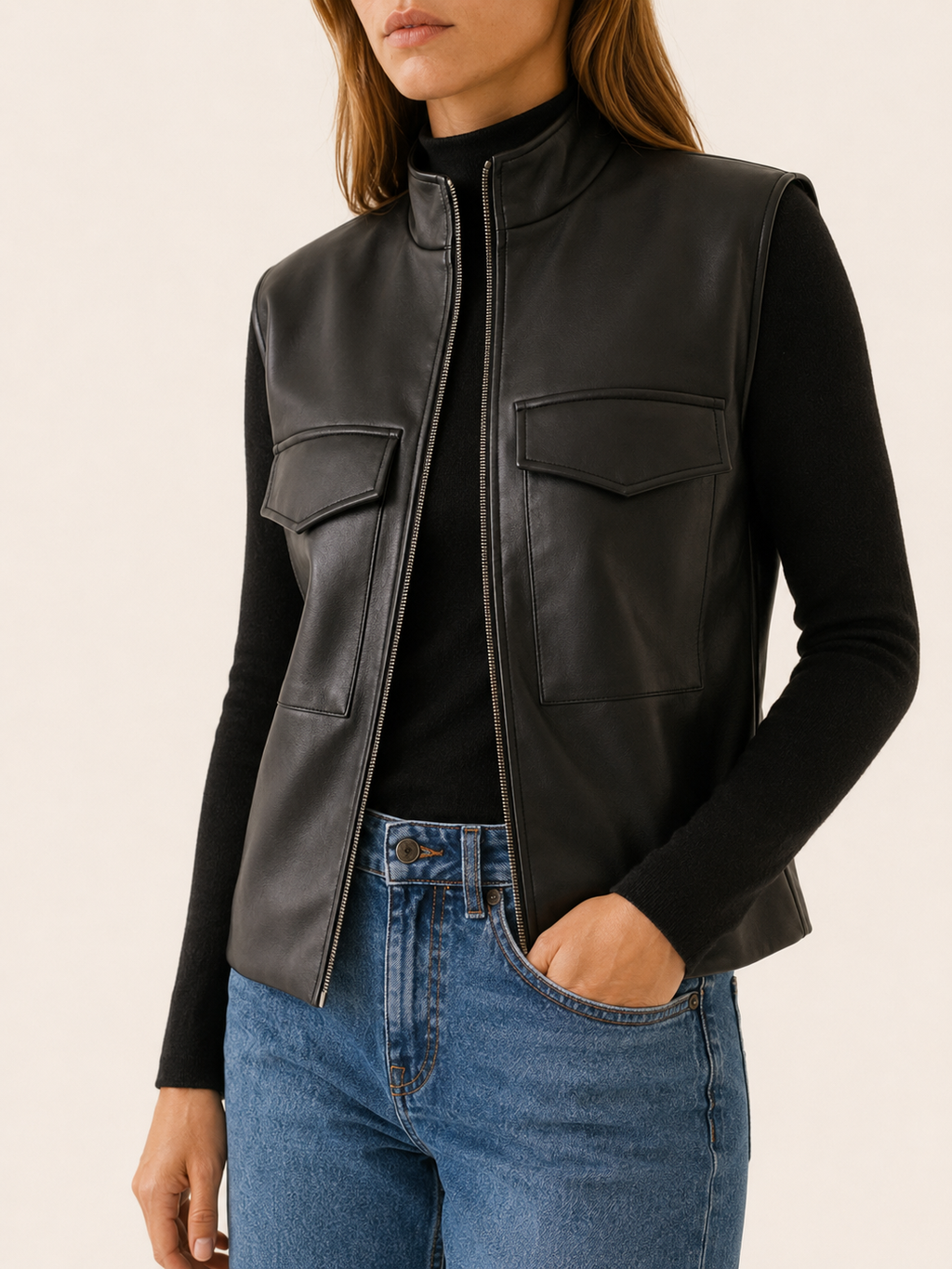 Sleeveless zip-front utility jacket side